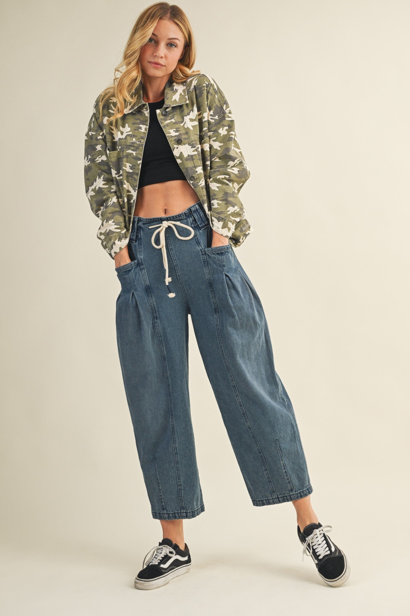  Raya Drawstring Barrel Leg Pants, Washed Denim