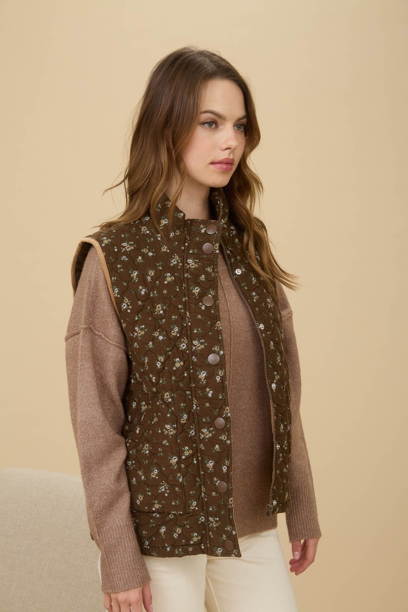  Lia Floral Quilted Puffer Vest, Brown Multi