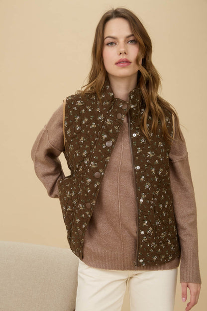  Lia Floral Quilted Puffer Vest, Brown Multi
