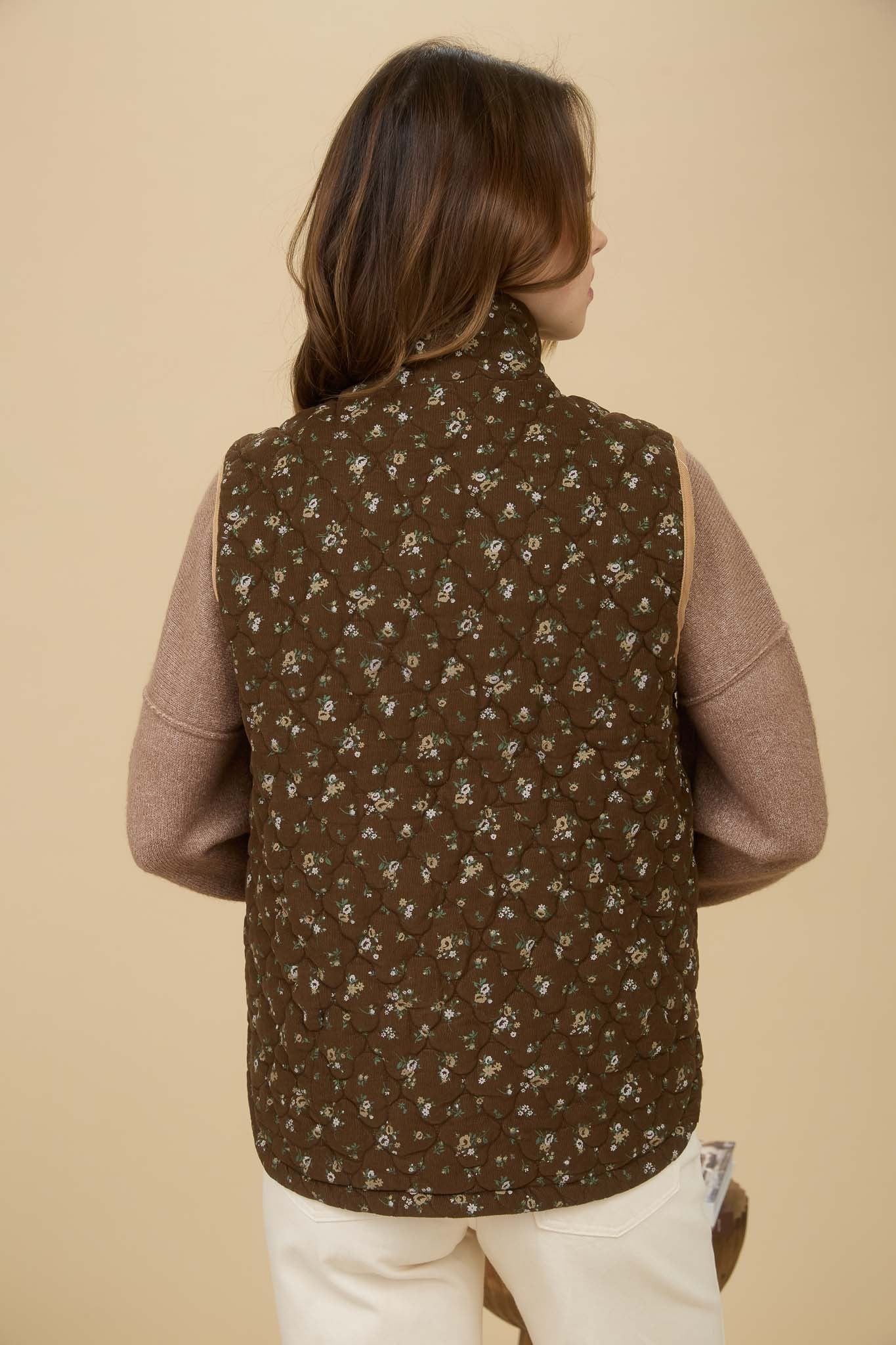  Lia Floral Quilted Puffer Vest, Brown Multi