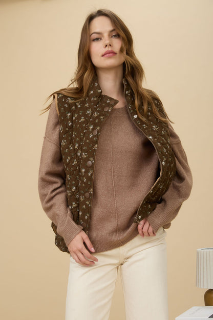  Lia Floral Quilted Puffer Vest, Brown Multi
