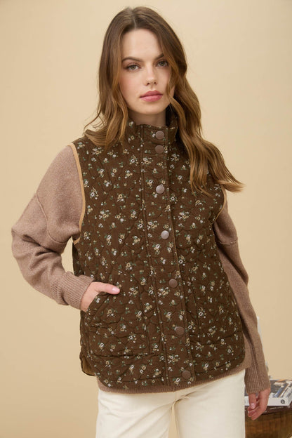  Lia Floral Quilted Puffer Vest, Brown Multi