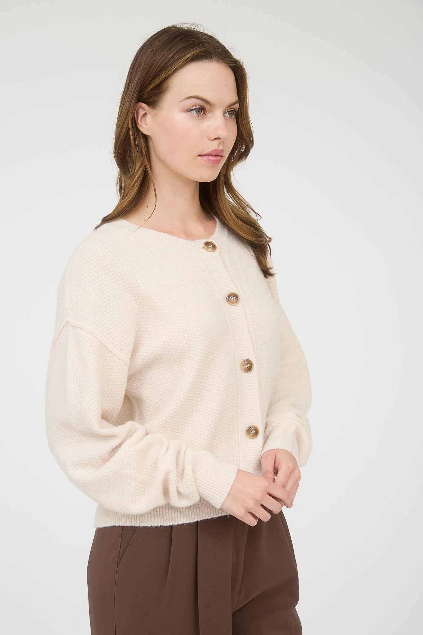  Aria Rib Trim Round Neck Cardigan, Ivory