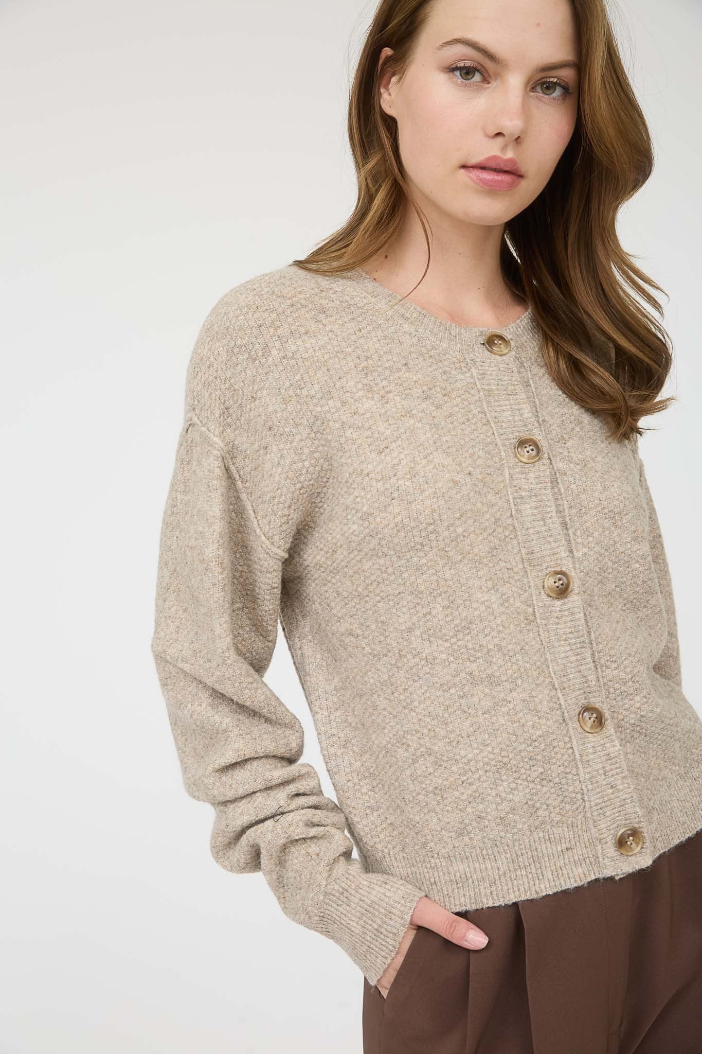  Aria Rib Trim Round Neck Cardigan, Khaki