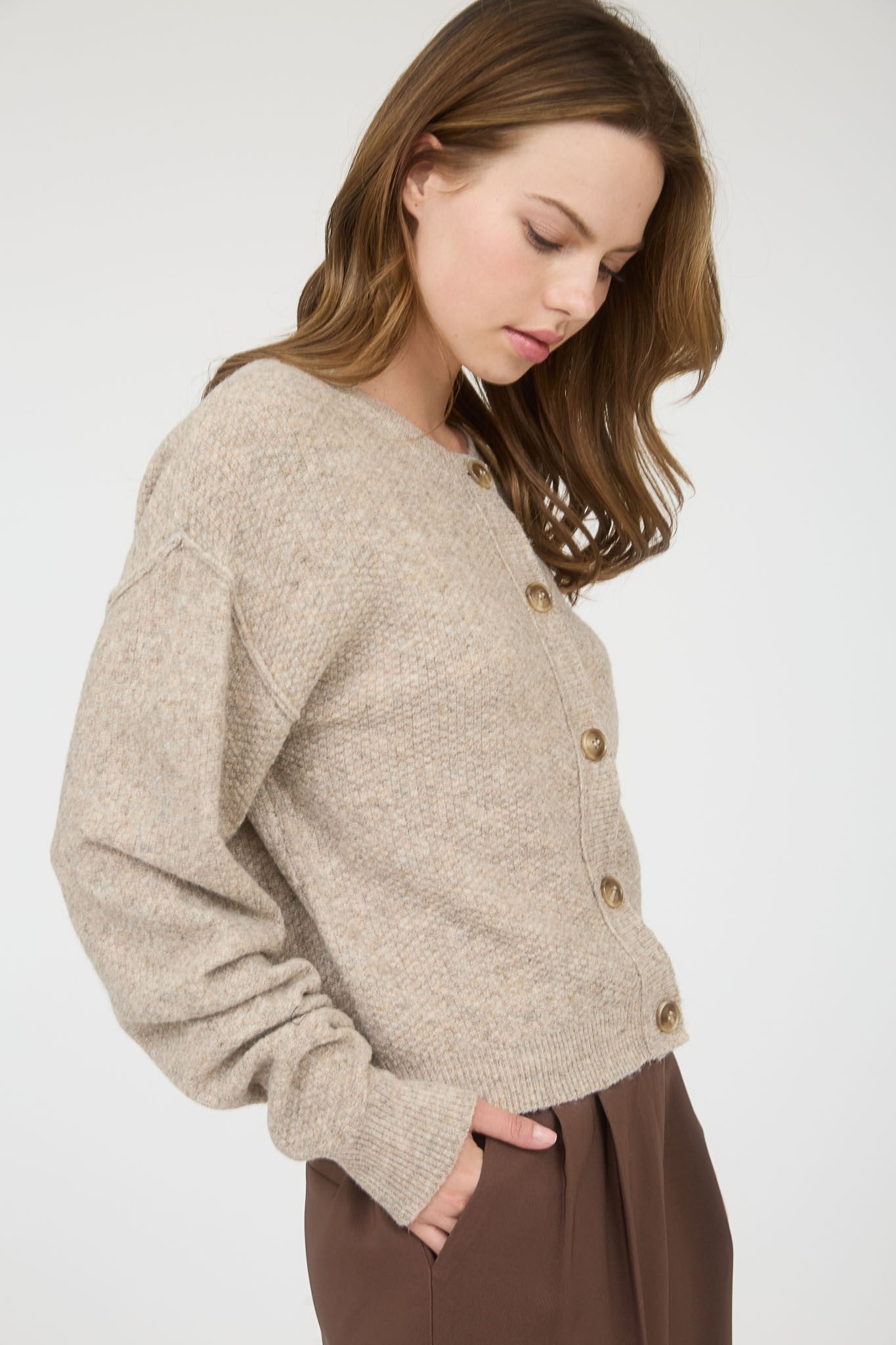  Aria Rib Trim Round Neck Cardigan, Khaki