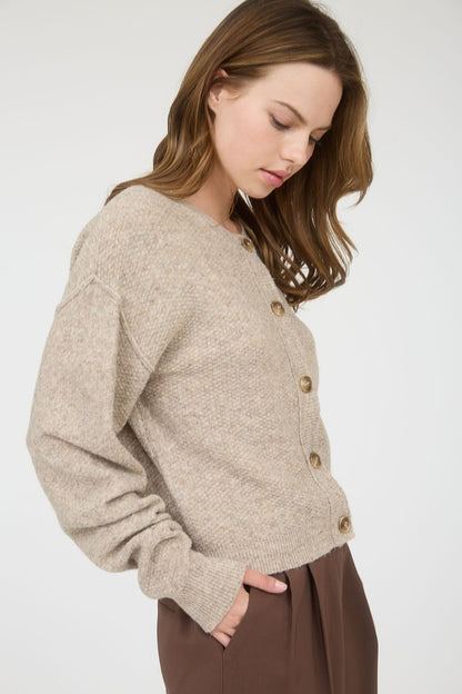  Aria Rib Trim Round Neck Cardigan, Khaki