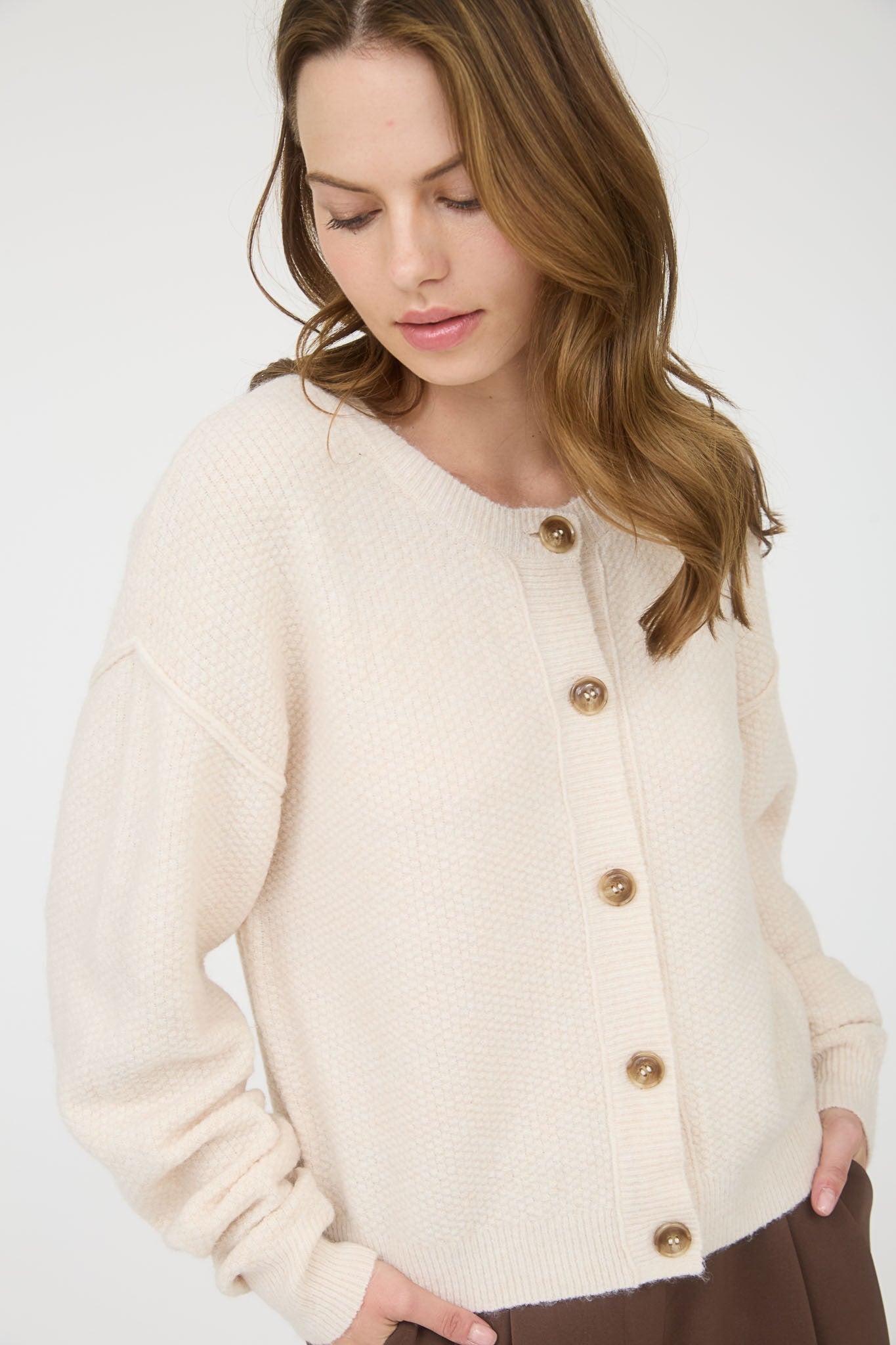  Aria Rib Trim Round Neck Cardigan, Ivory