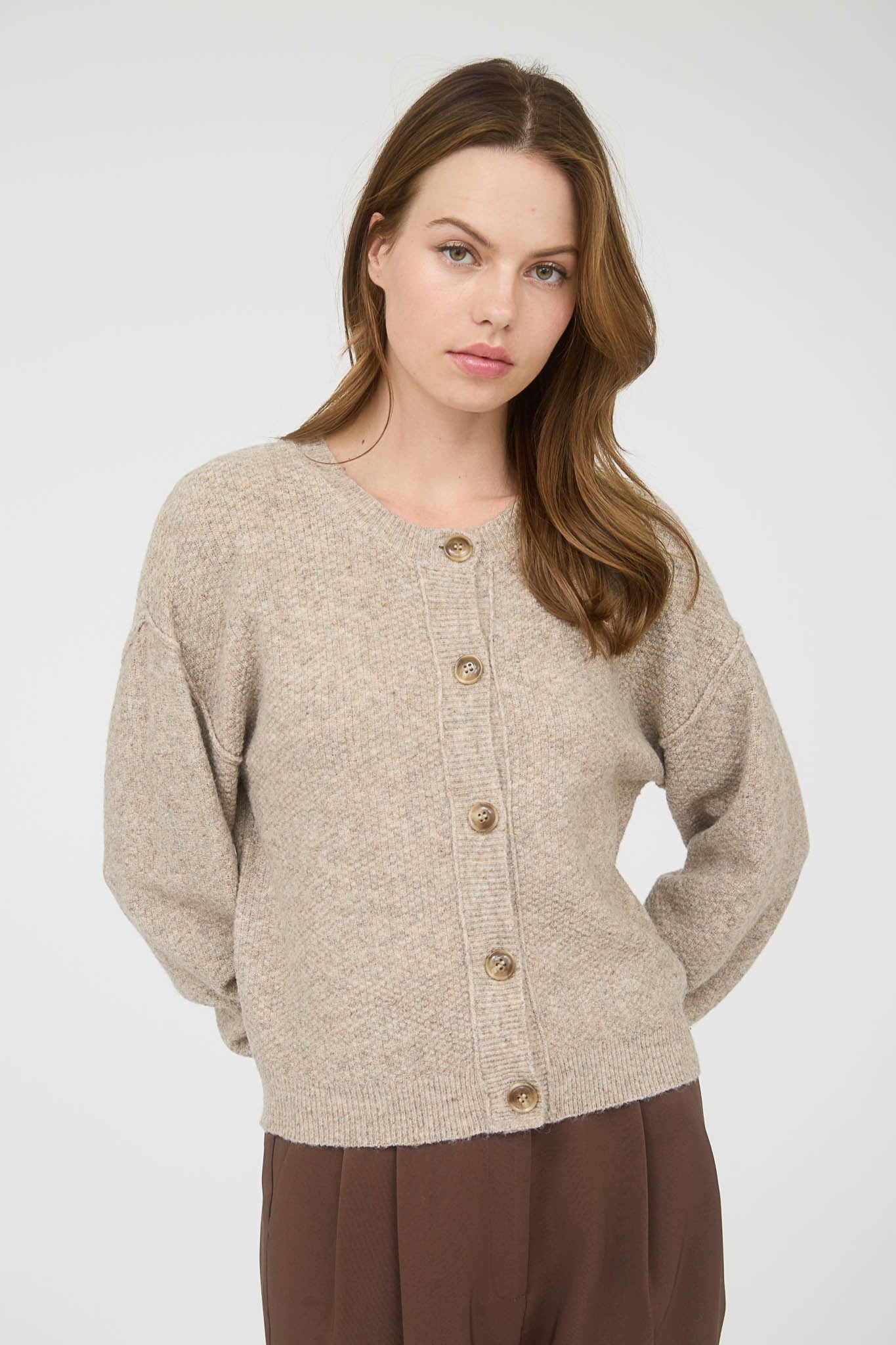  Aria Rib Trim Round Neck Cardigan, Khaki