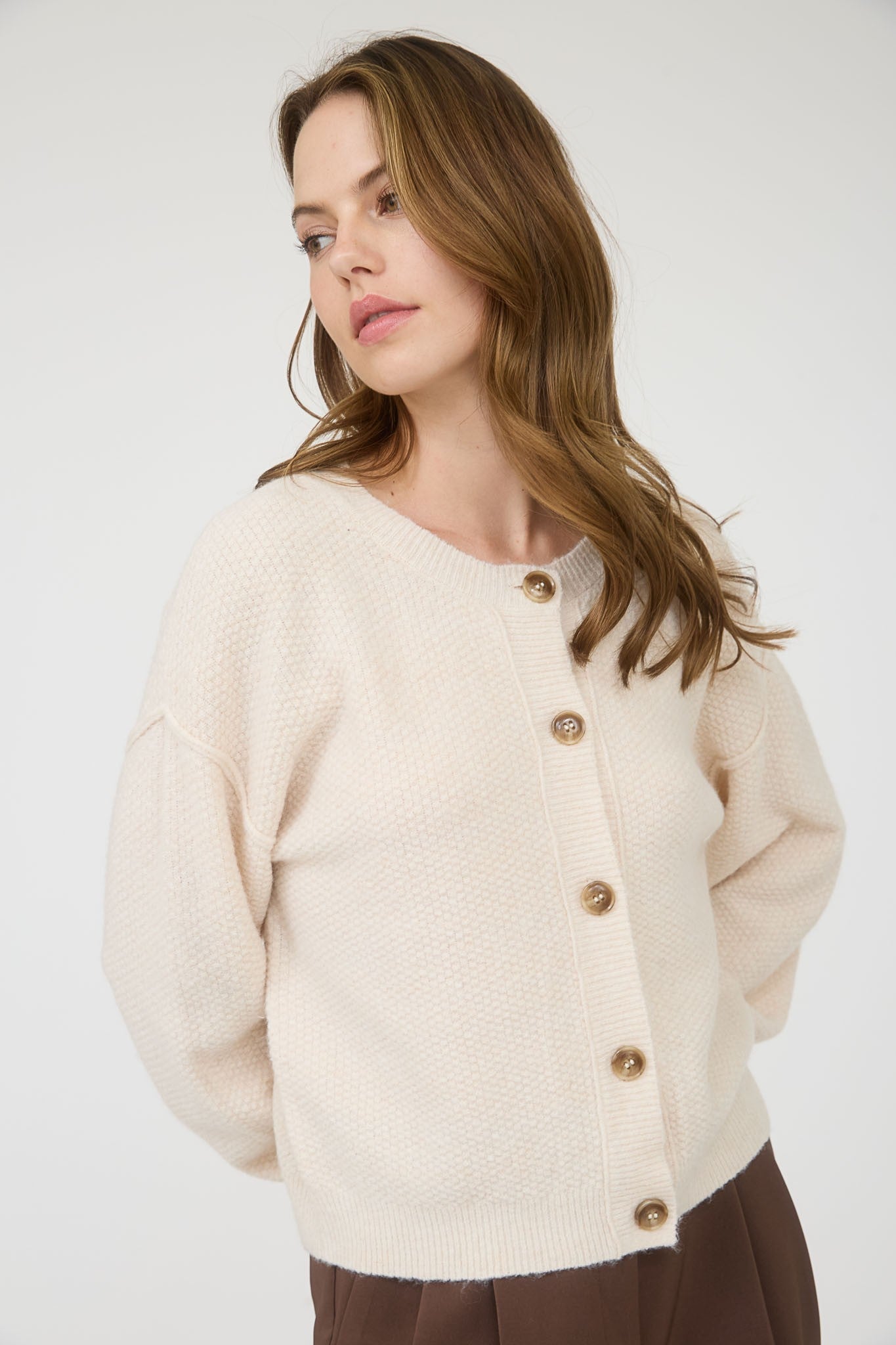  Aria Rib Trim Round Neck Cardigan, Ivory