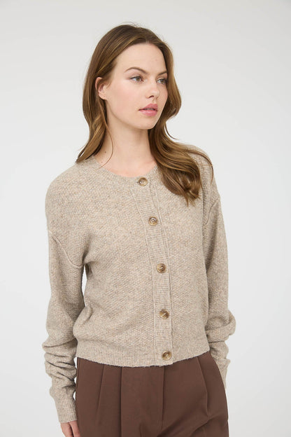  Aria Rib Trim Round Neck Cardigan, Khaki