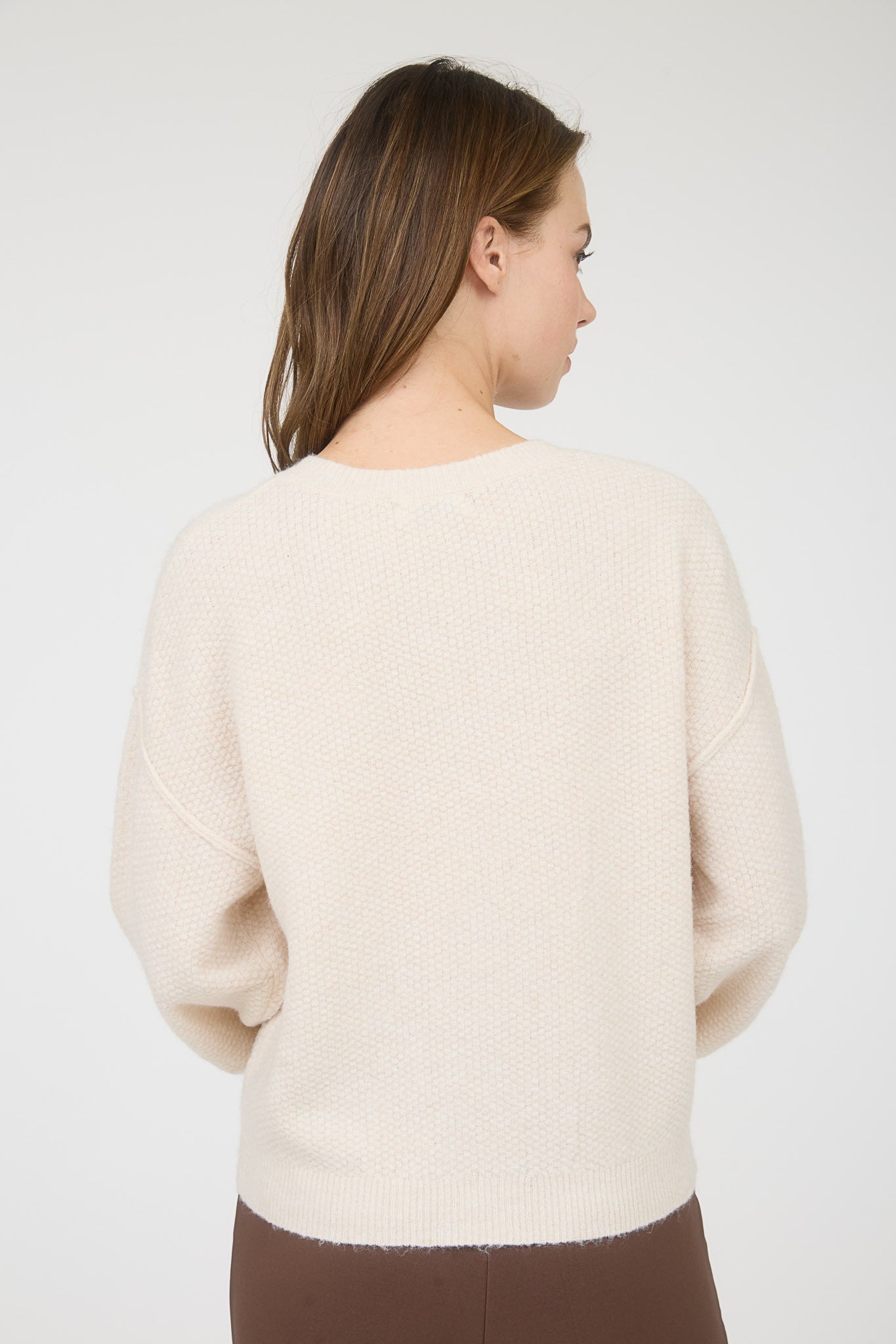  Aria Rib Trim Round Neck Cardigan, Ivory