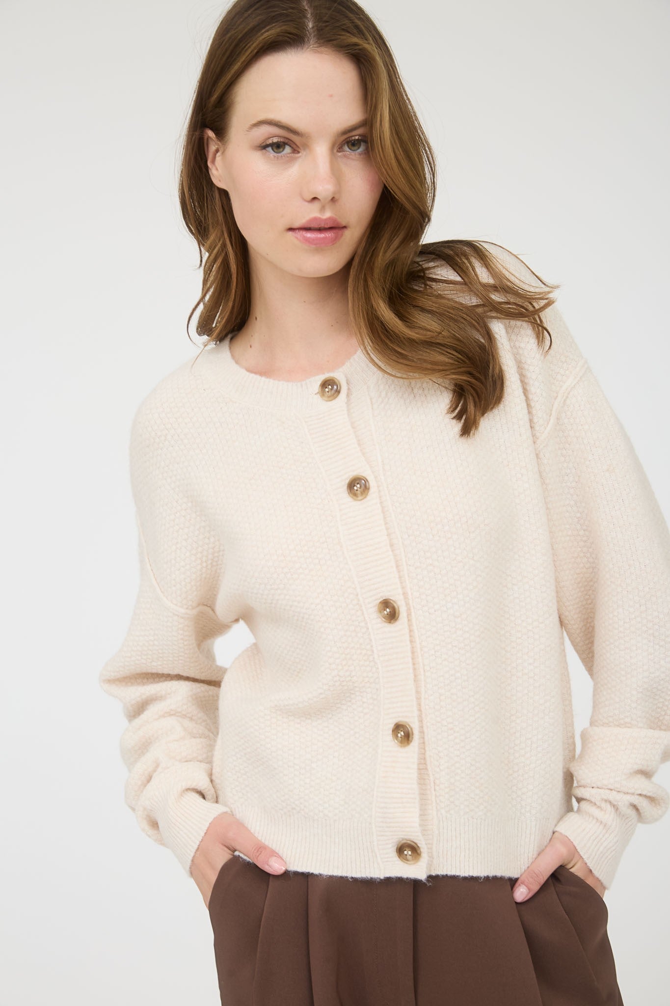  Aria Rib Trim Round Neck Cardigan, Ivory