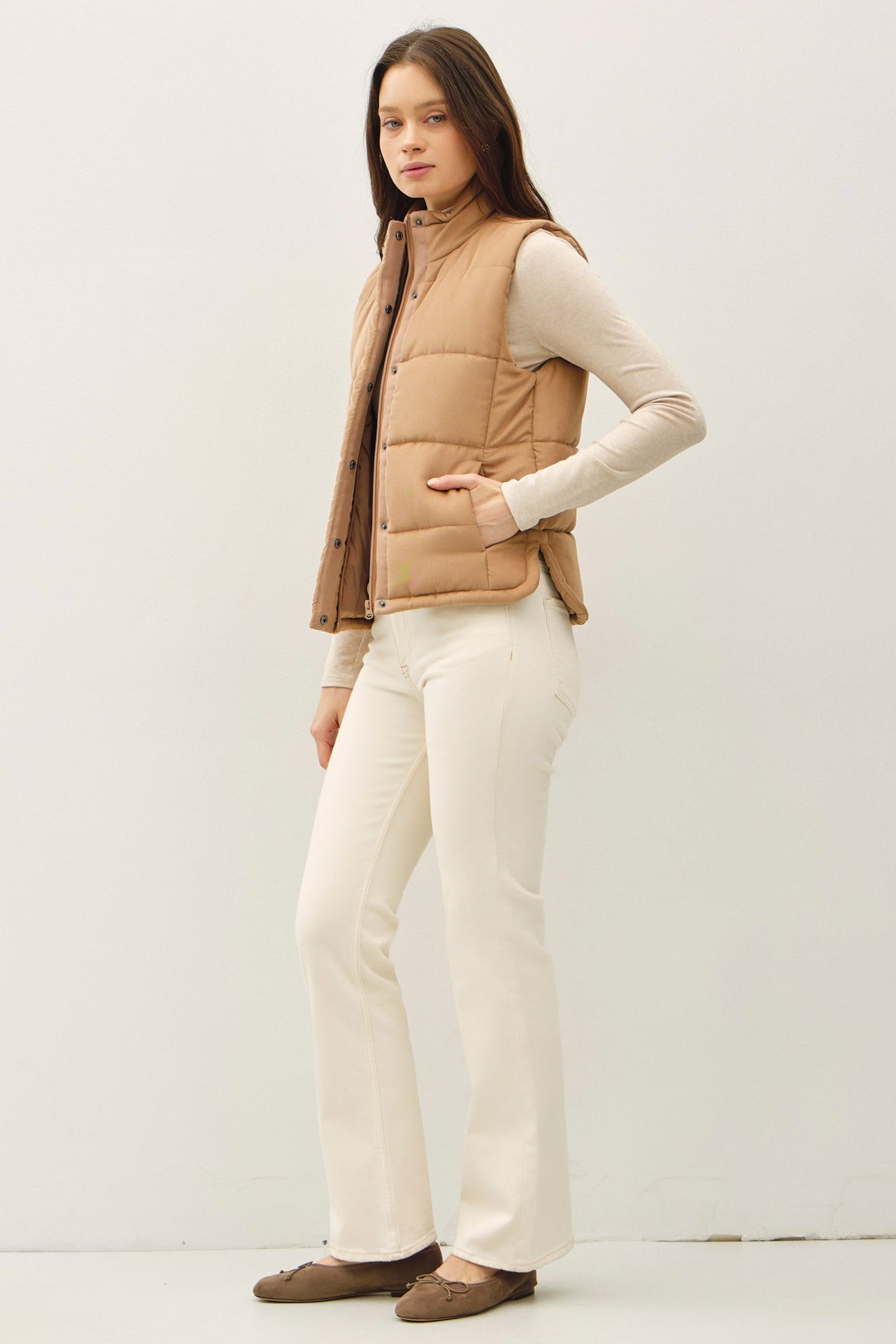 Be Cool Isabelle Suede Puffer Vest, Camel
