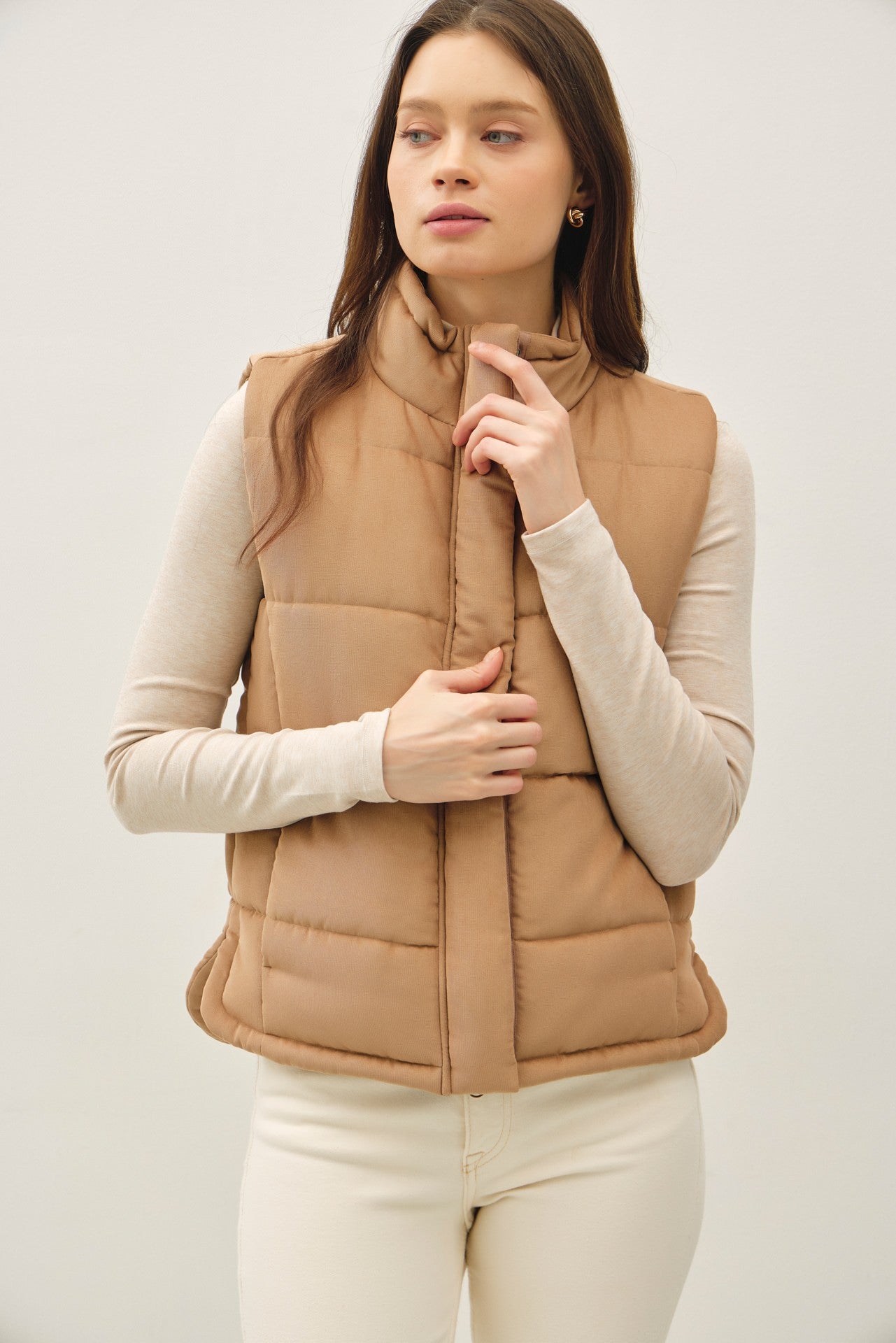 Be Cool Isabelle Suede Puffer Vest, Camel