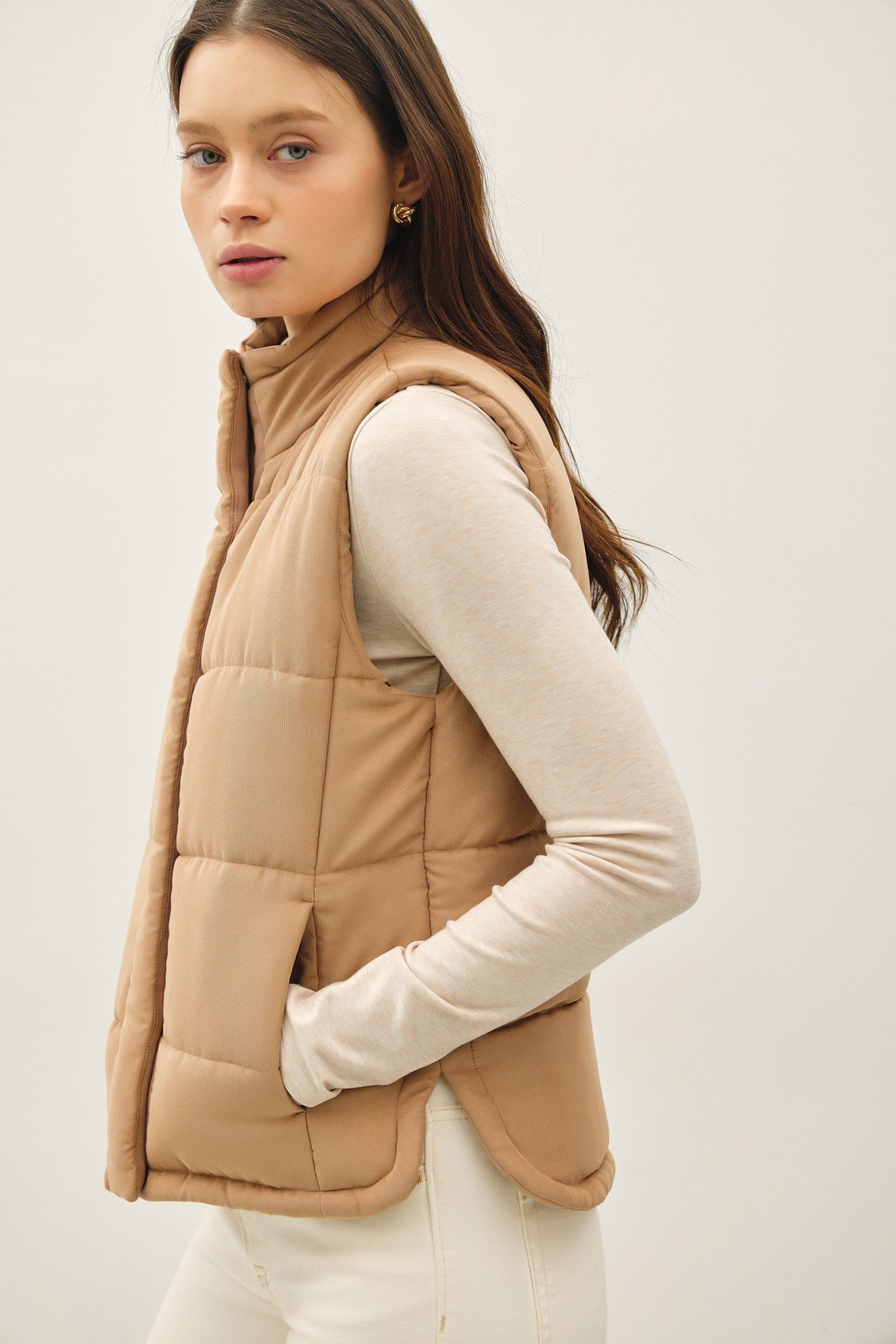 Be Cool Isabelle Suede Puffer Vest, Camel