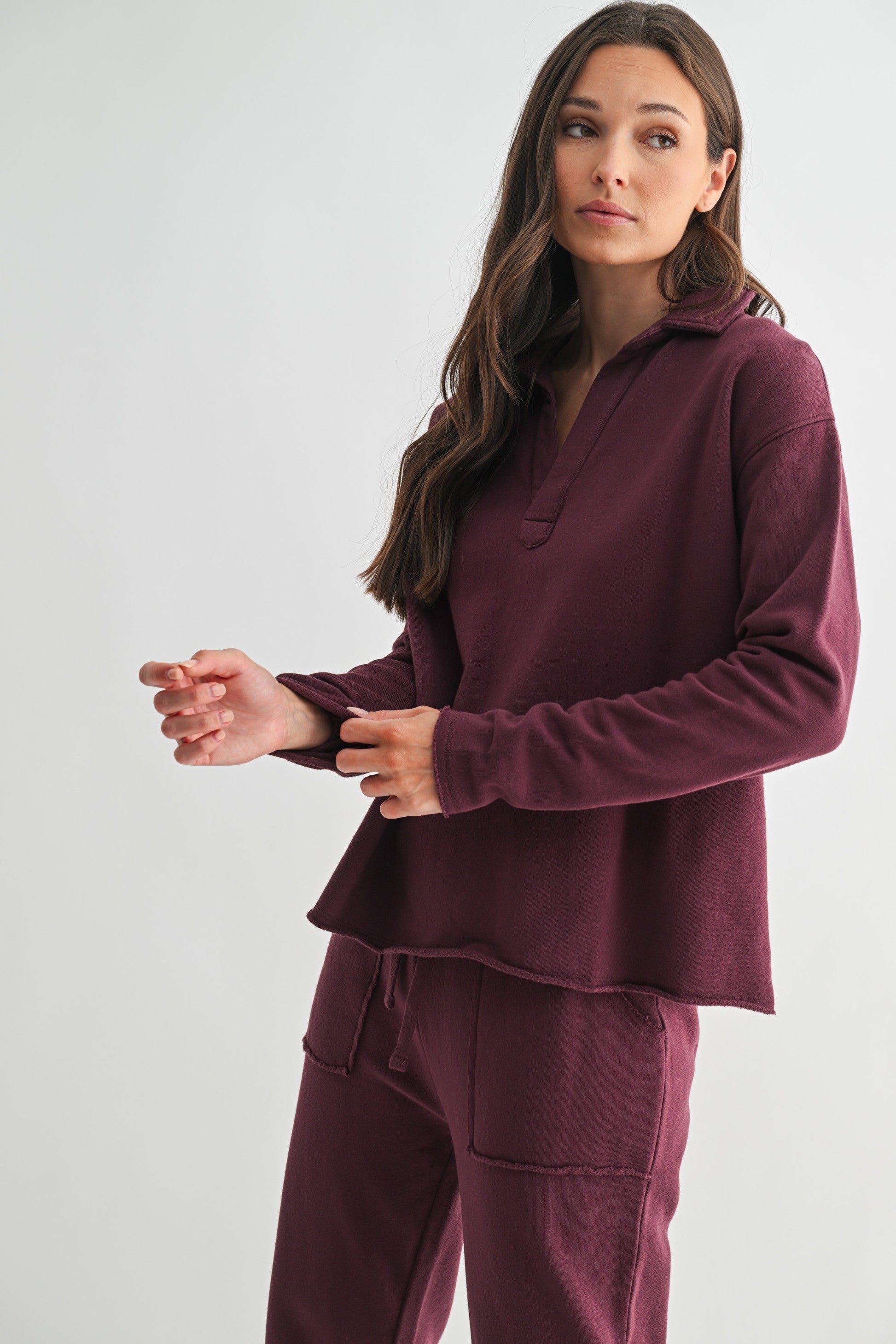  Phoebe Collared Henley Tee, Dark Plum