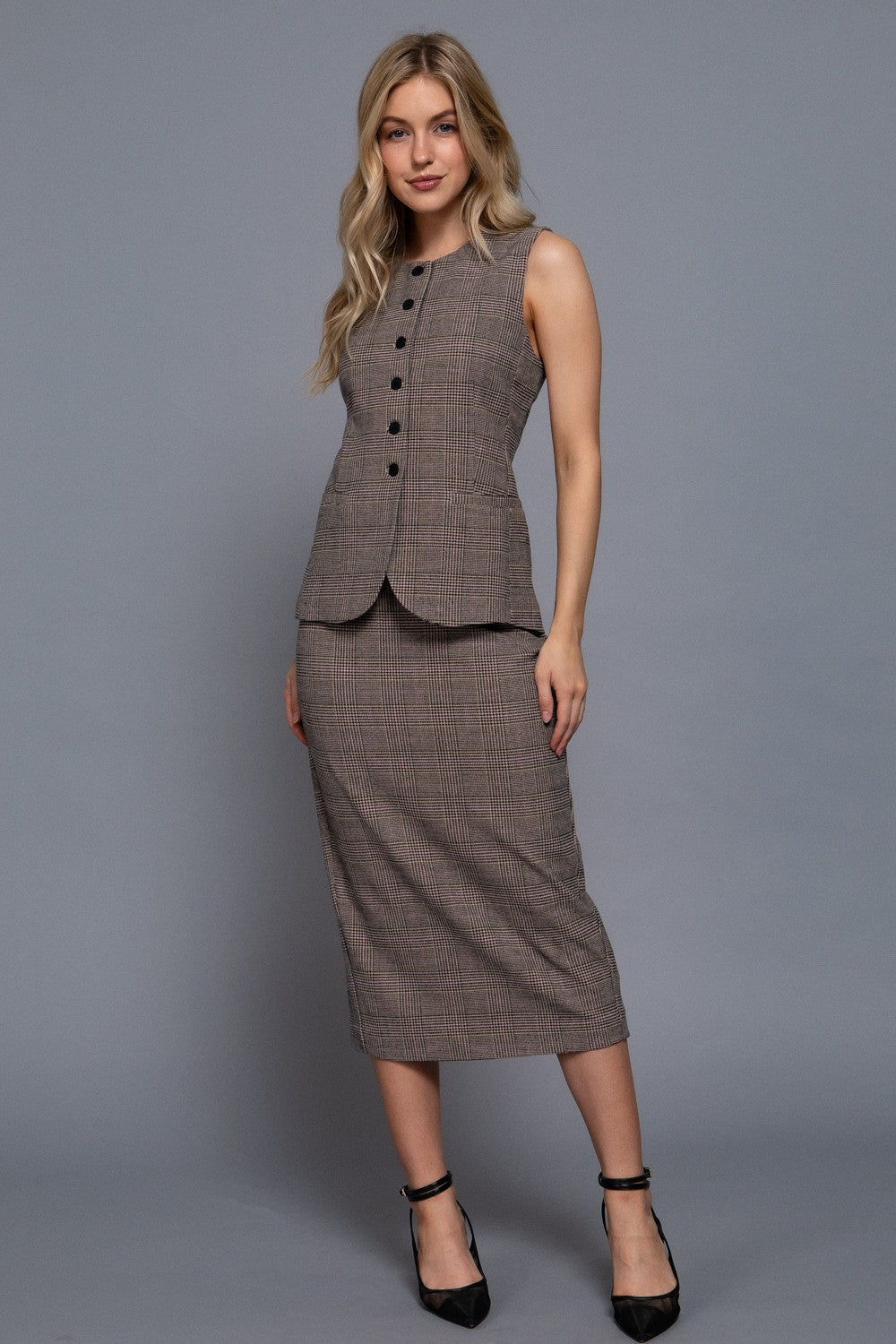  Winslow Check Woven Vest, Taupe/Pink