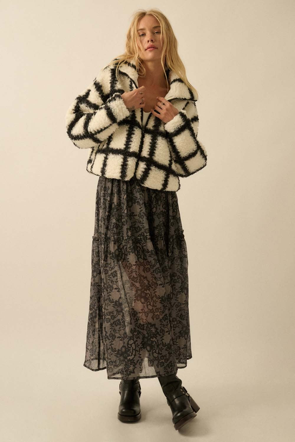  Jenna Check Print Jacket, Cream-Black