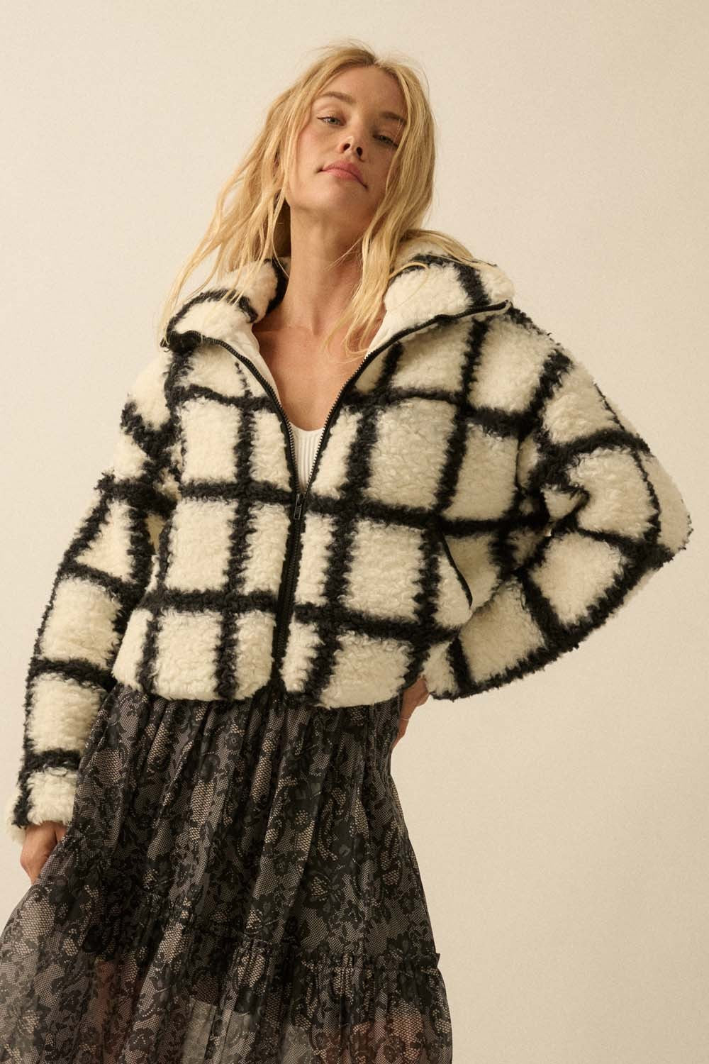  Jenna Check Print Jacket, Cream-Black