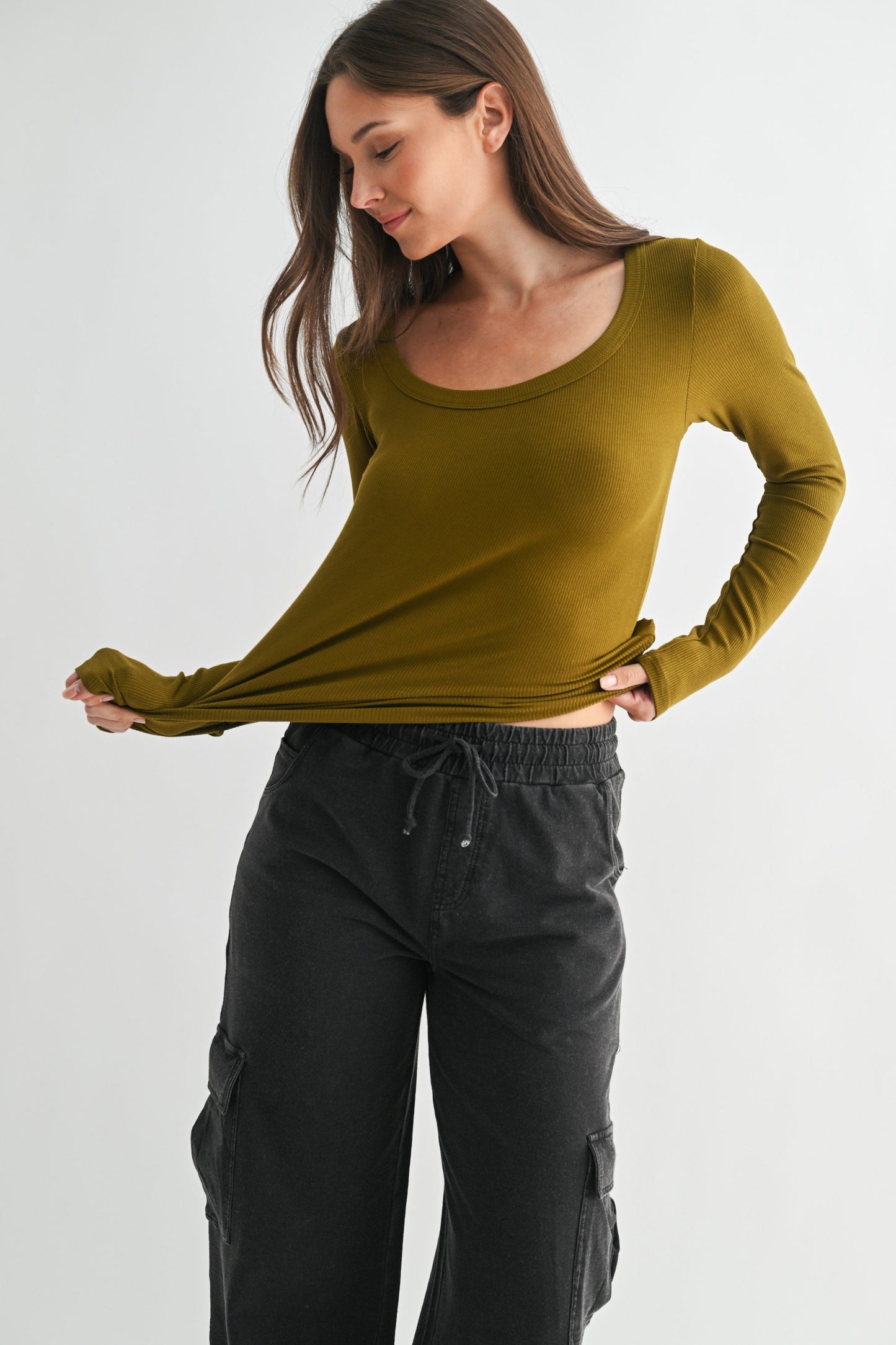  Lilah Slim Fit Ribbed Top, Camo Green