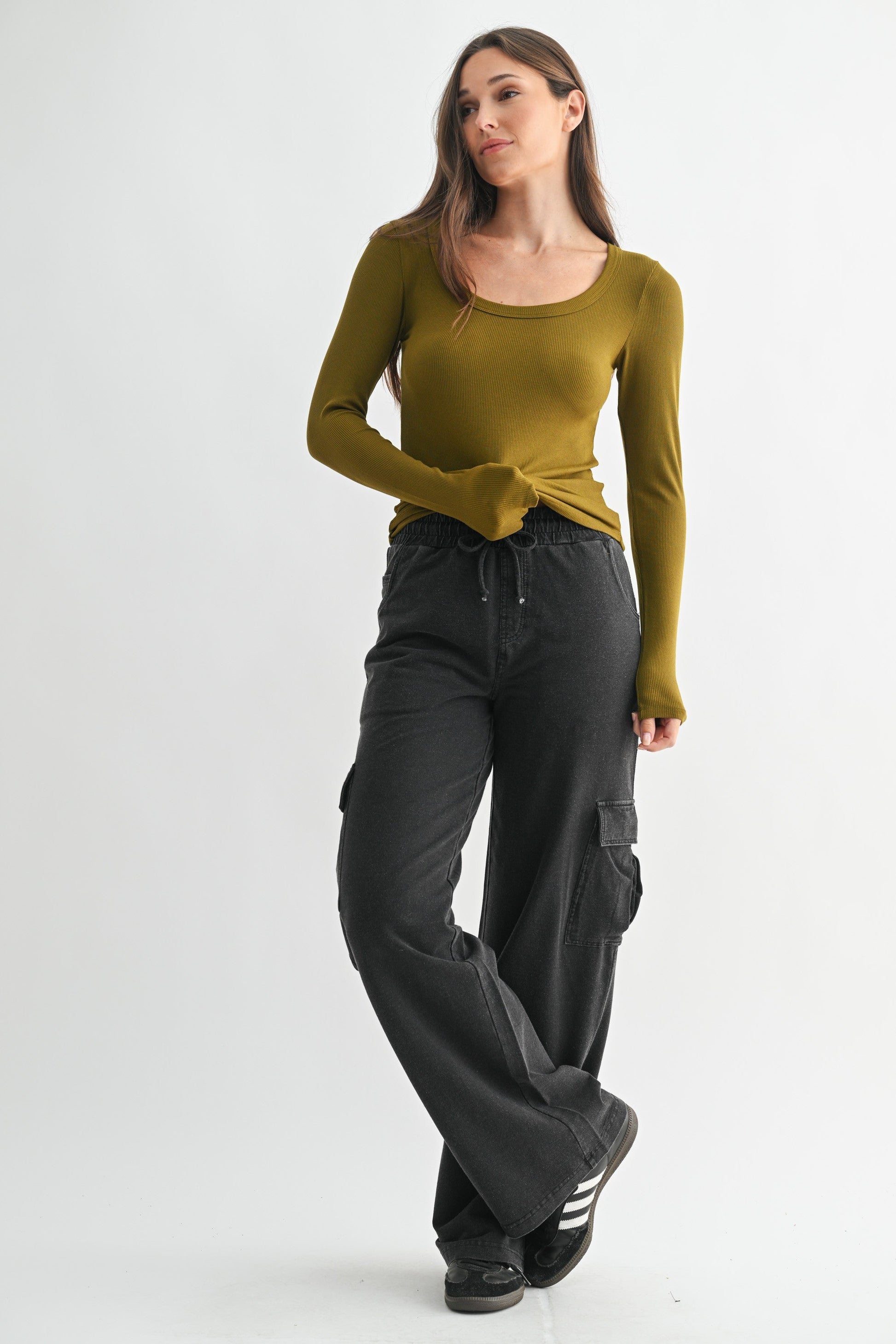  Lilah Slim Fit Ribbed Top, Camo Green