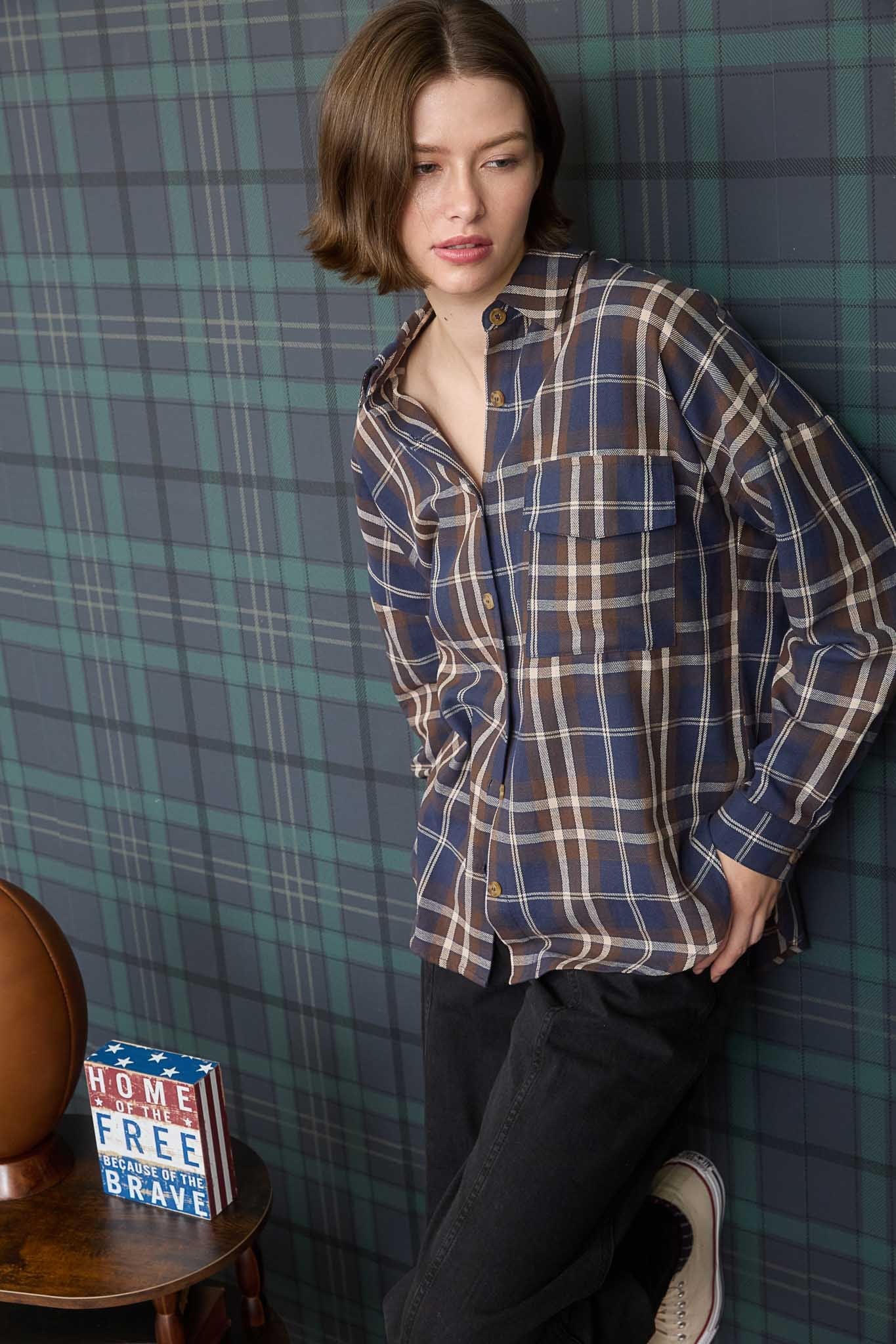  Cara Plaid Shirt, Navy Multi