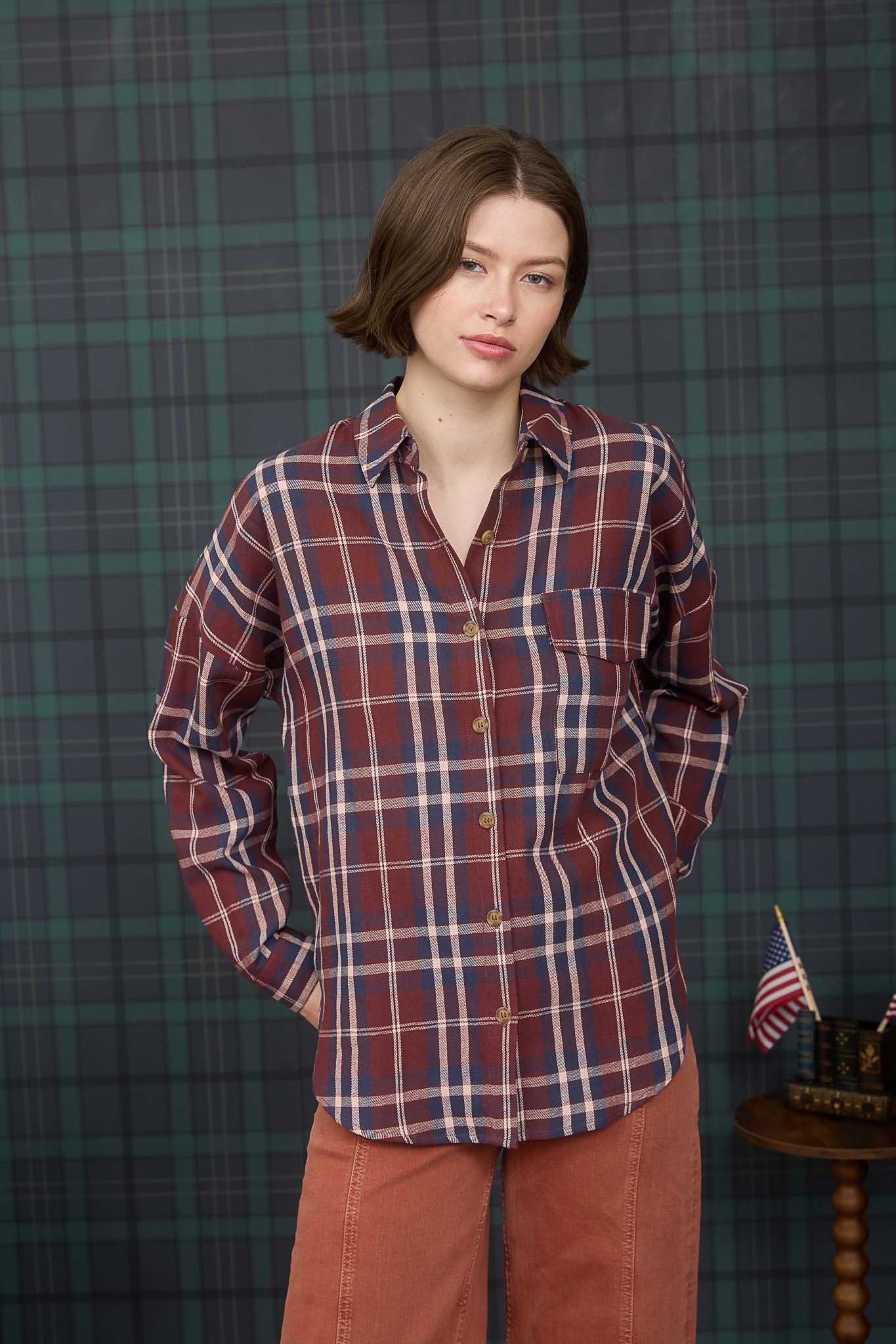  Cara Plaid Shirt, Burgundy Multi