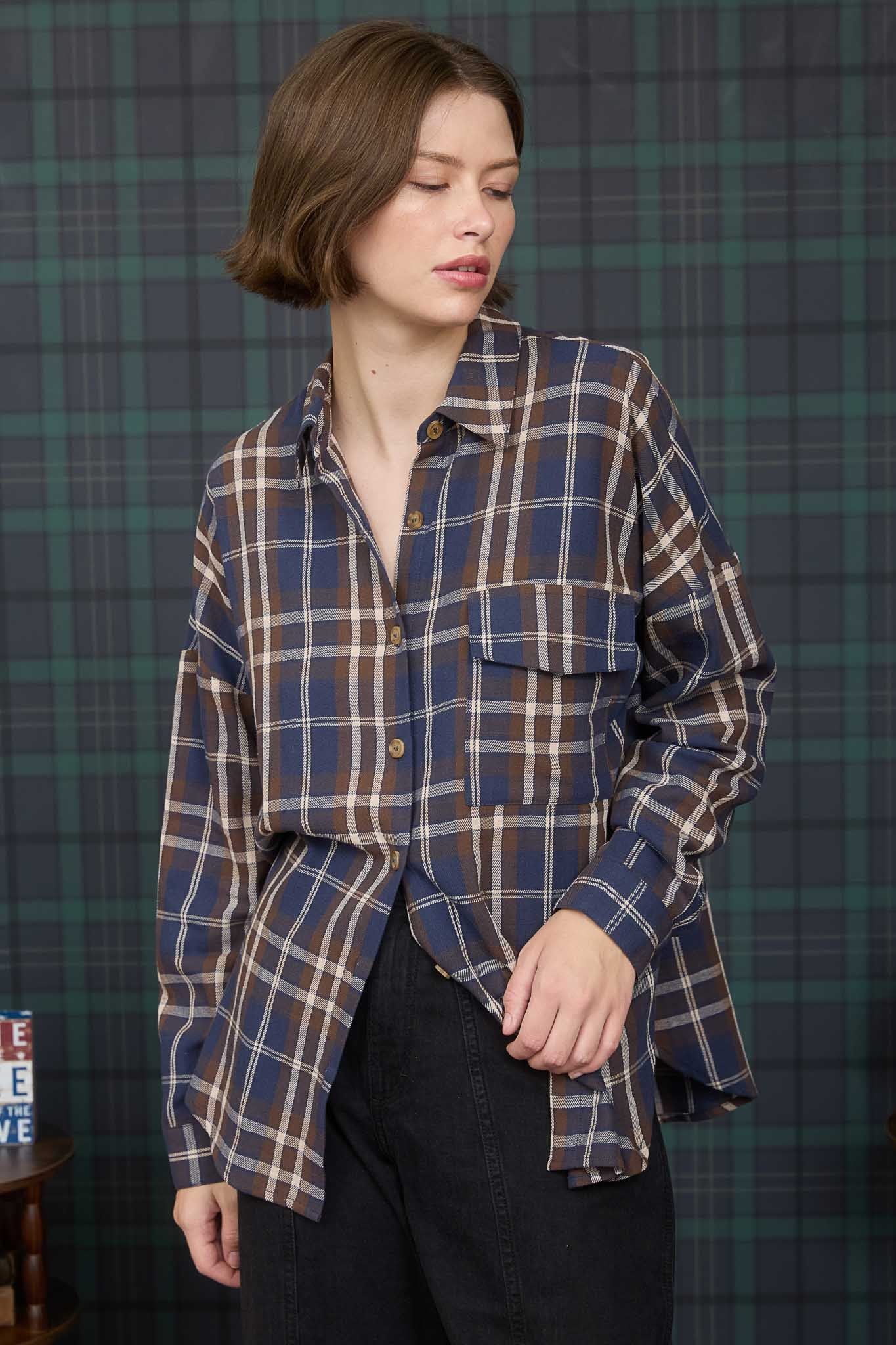  Cara Plaid Shirt, Navy Multi