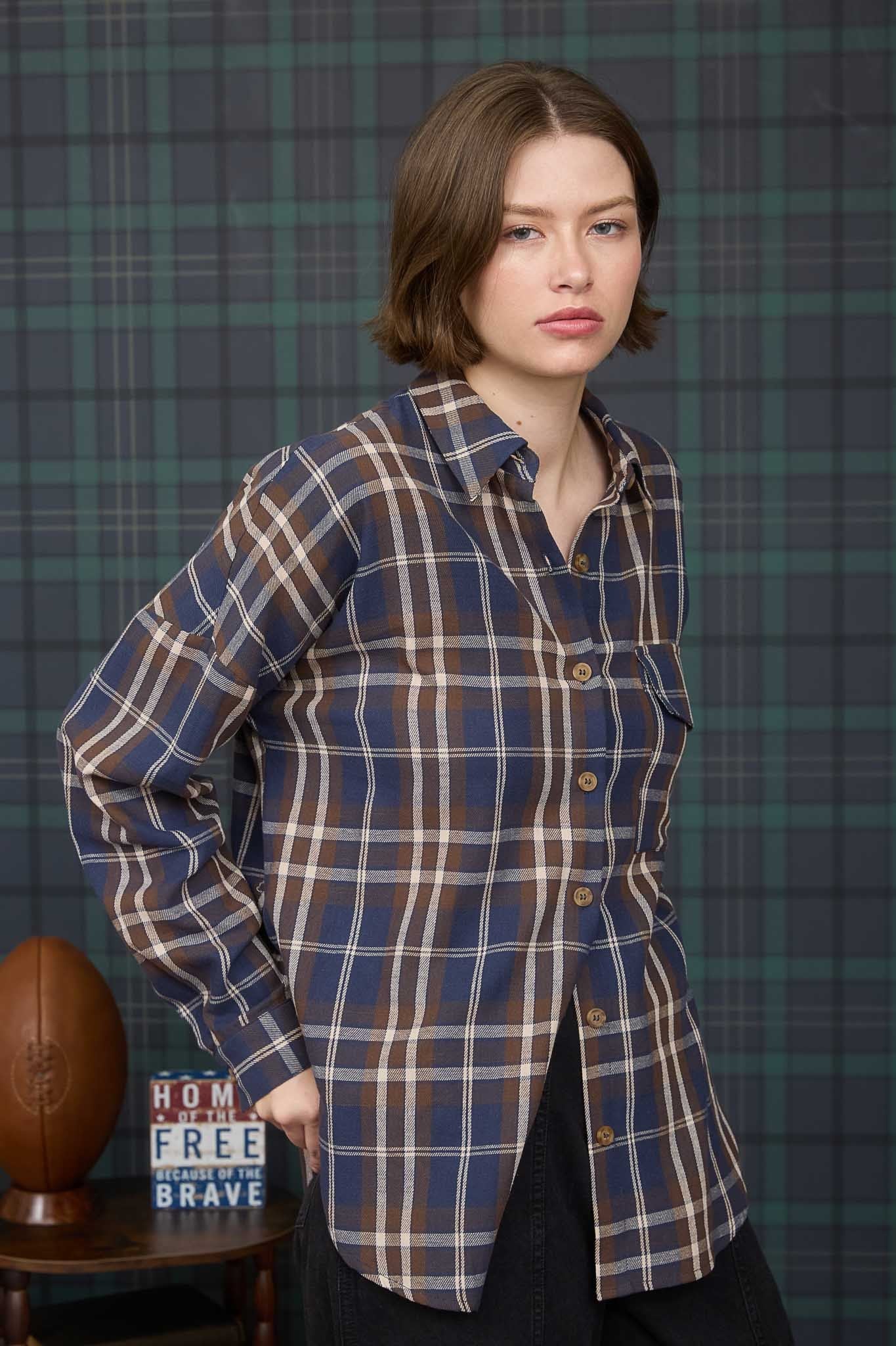  Cara Plaid Shirt, Navy Multi