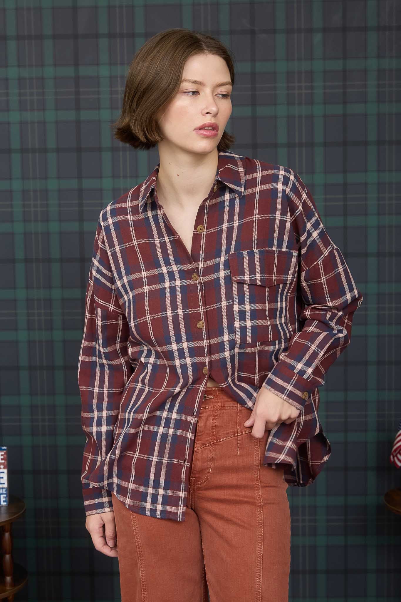  Cara Plaid Shirt, Burgundy Multi