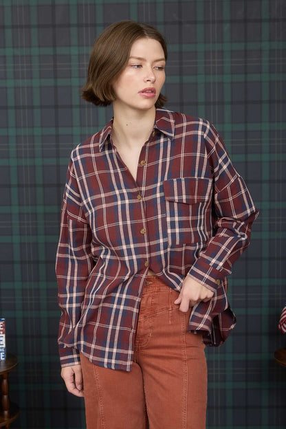  Cara Plaid Shirt, Burgundy Multi