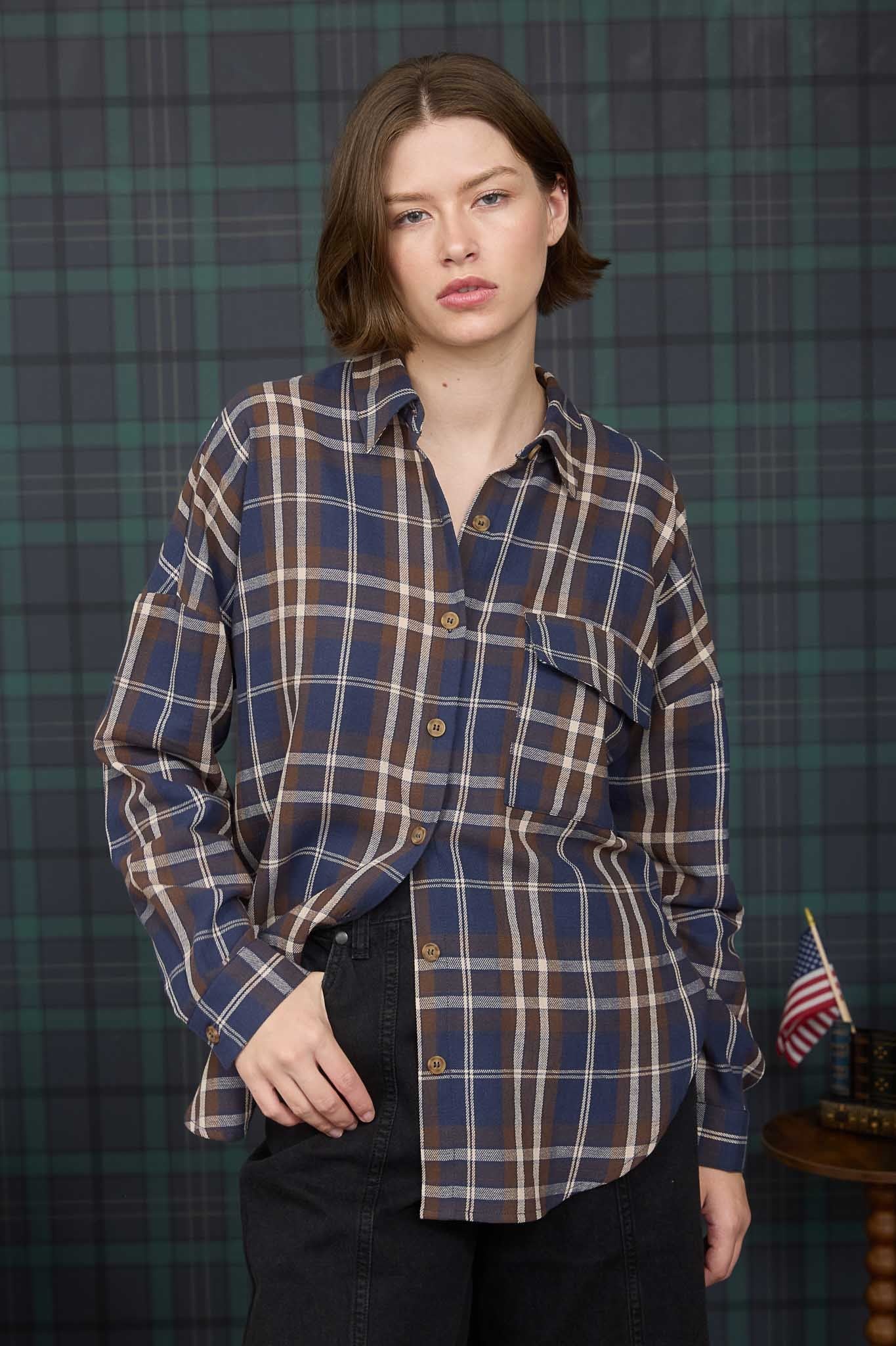  Cara Plaid Shirt, Navy Multi