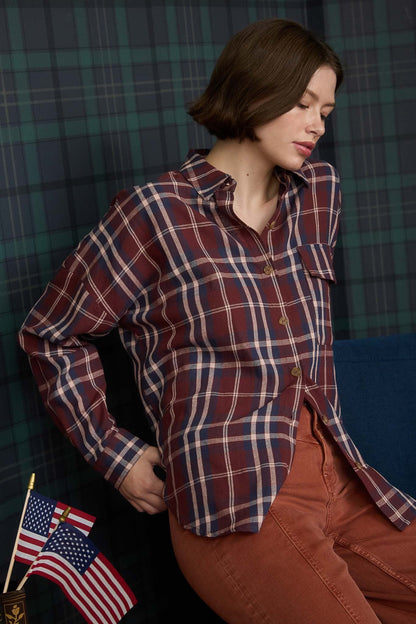  Cara Plaid Shirt, Burgundy Multi