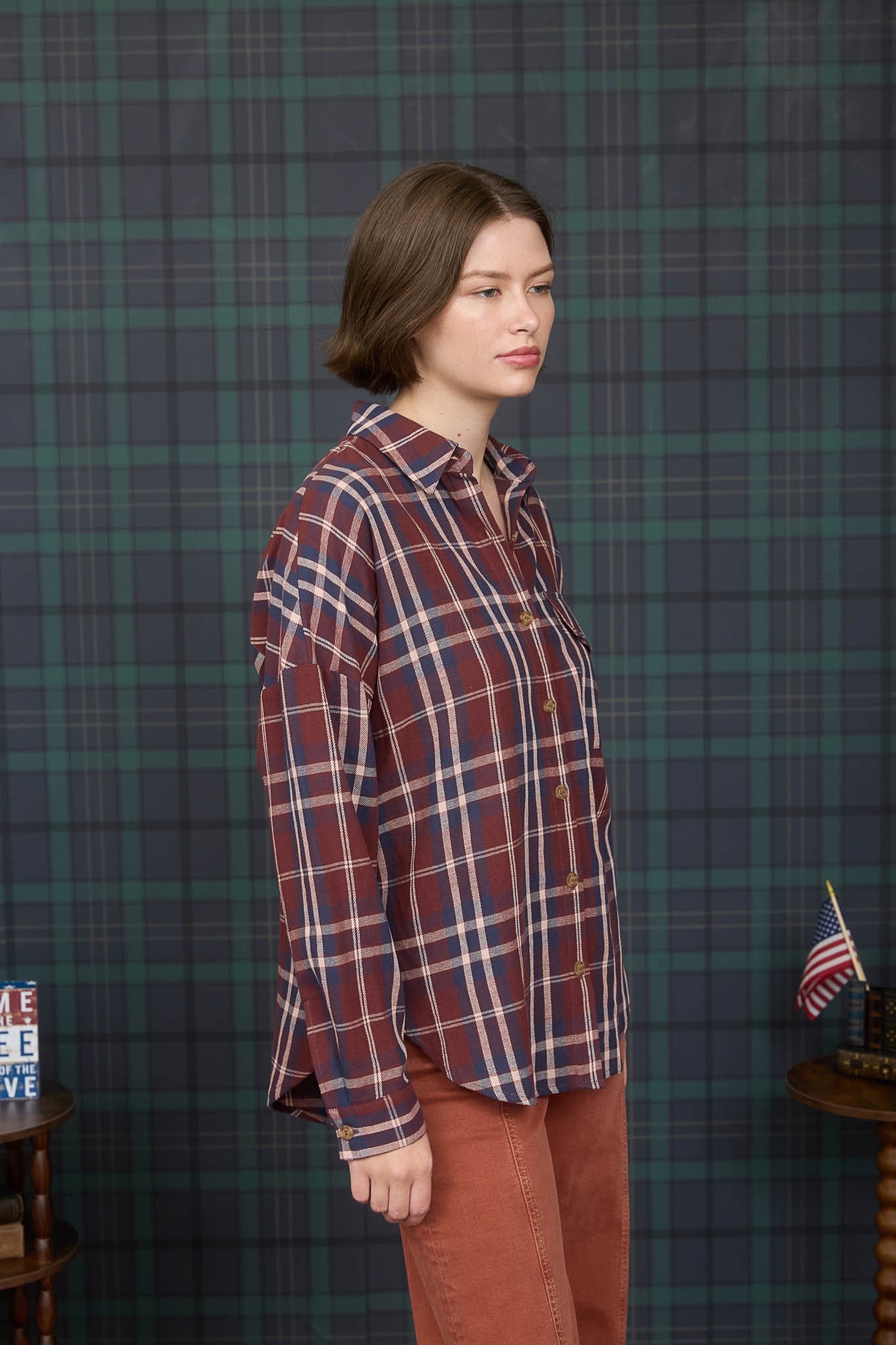  Cara Plaid Shirt, Burgundy Multi