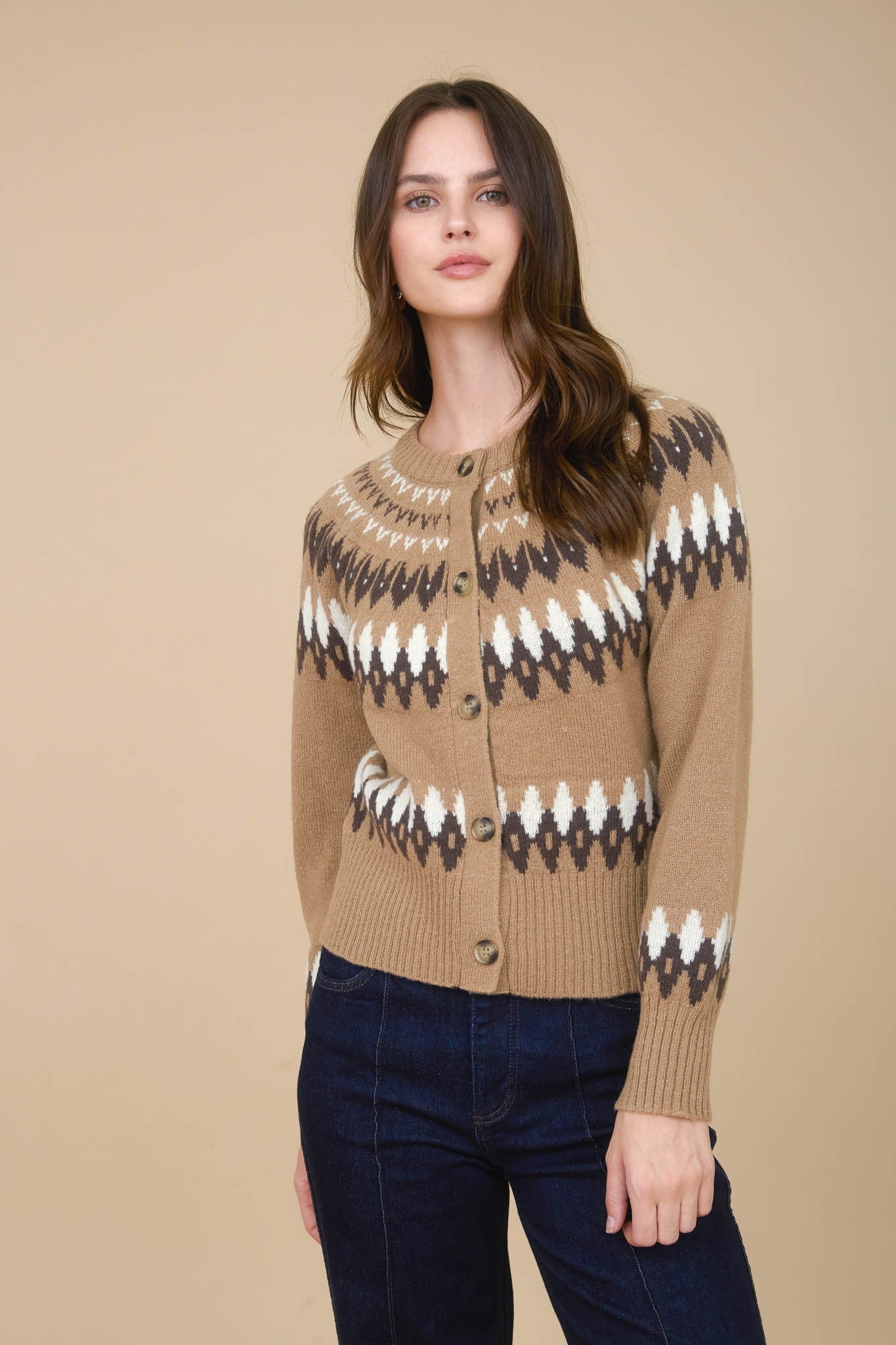  Luna Multicolor Fair Isle Cardigan, Khaki Multi