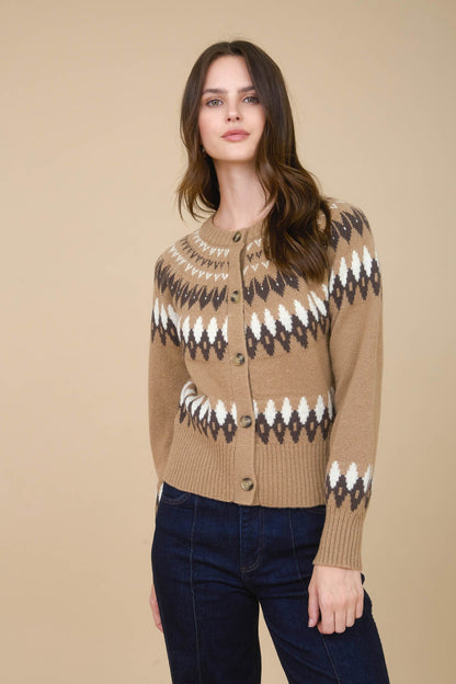  Luna Multicolor Fair Isle Cardigan, Khaki Multi