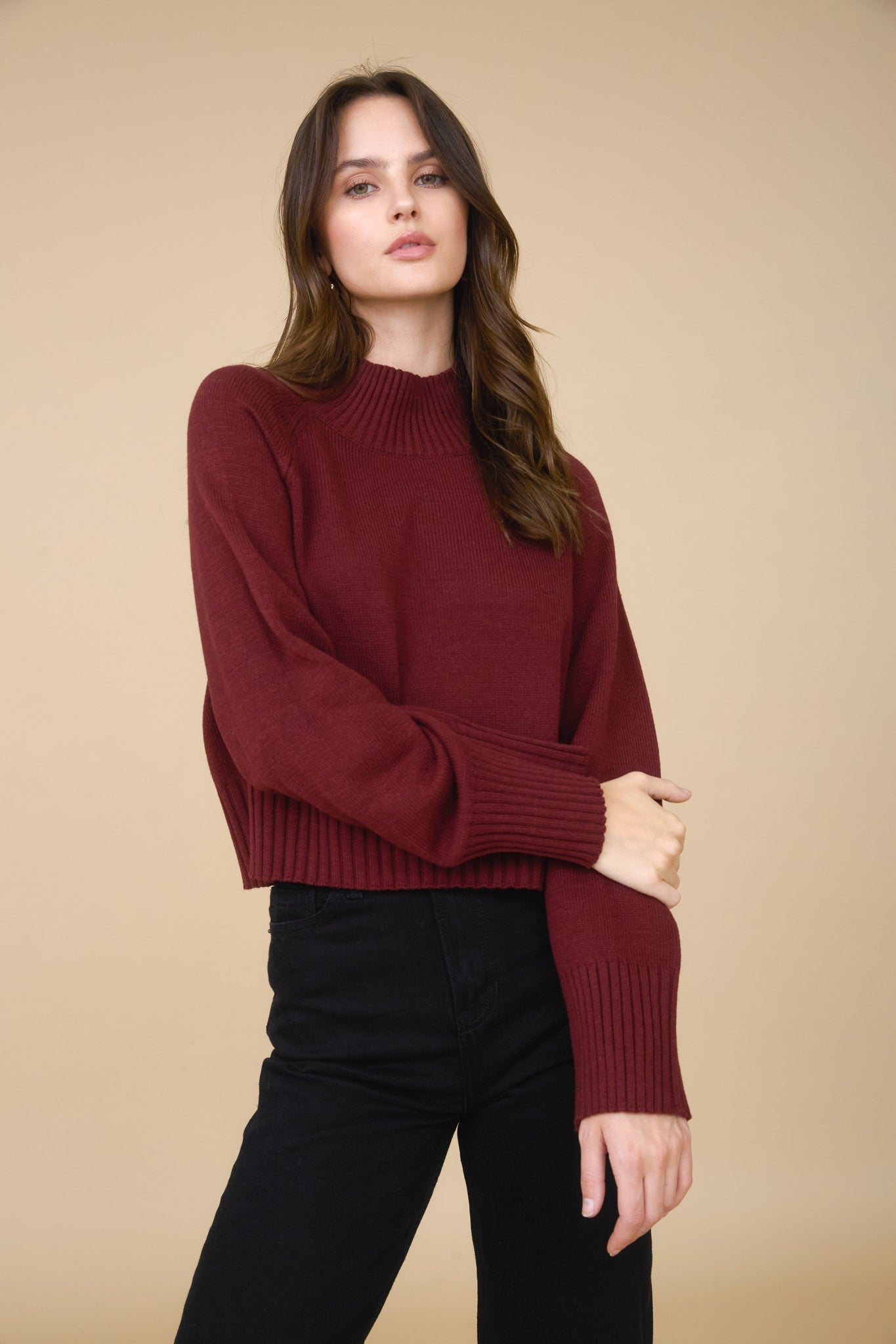  Roxy Mock Neck Rib Detail Sweater, Red Wood