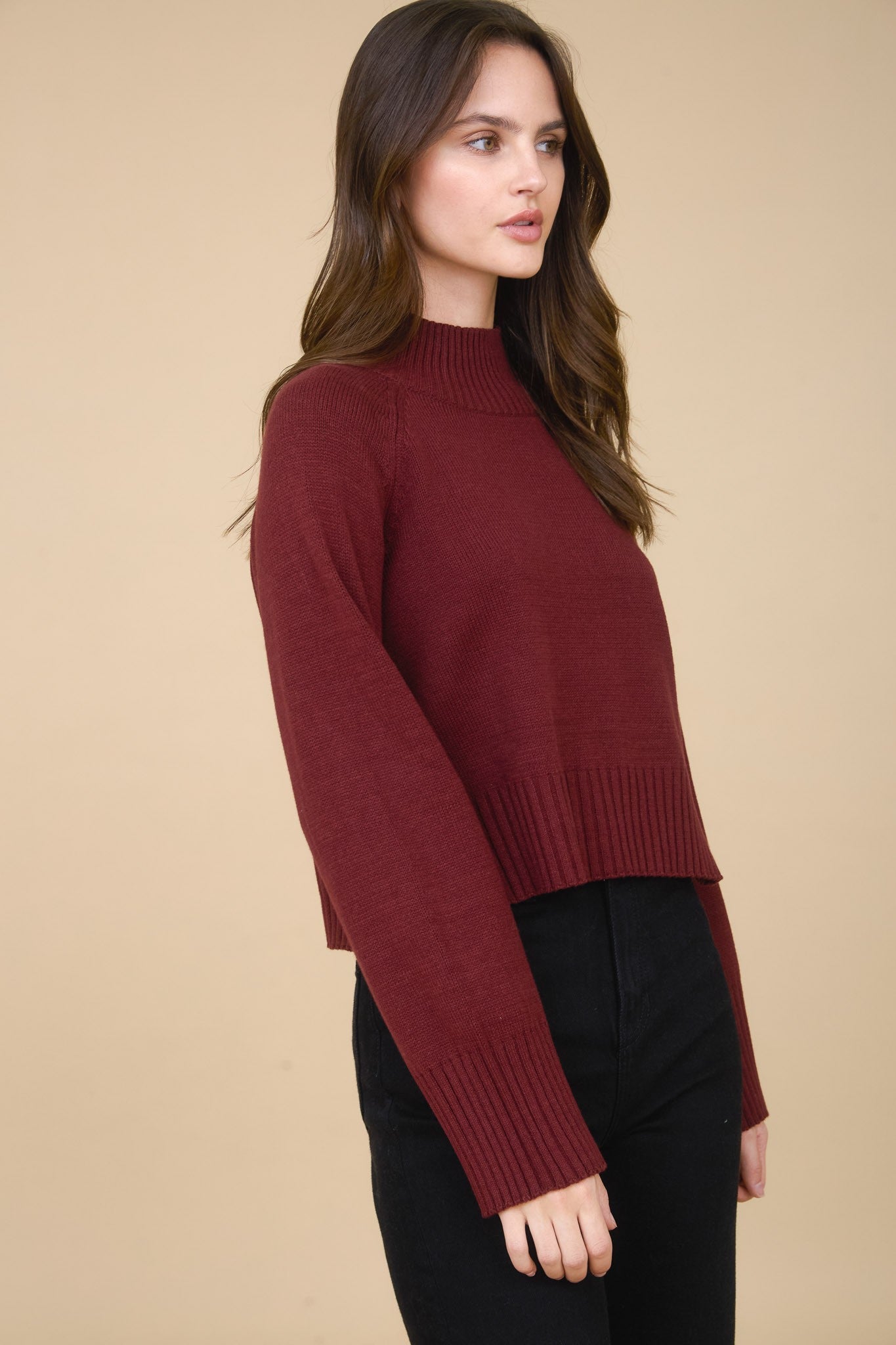  Roxy Mock Neck Rib Detail Sweater, Red Wood