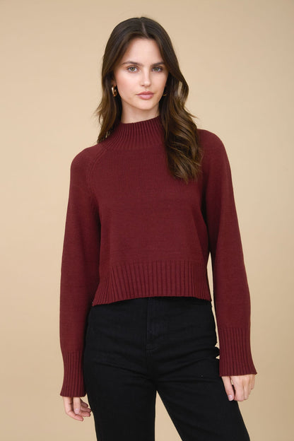  Roxy Mock Neck Rib Detail Sweater, Red Wood