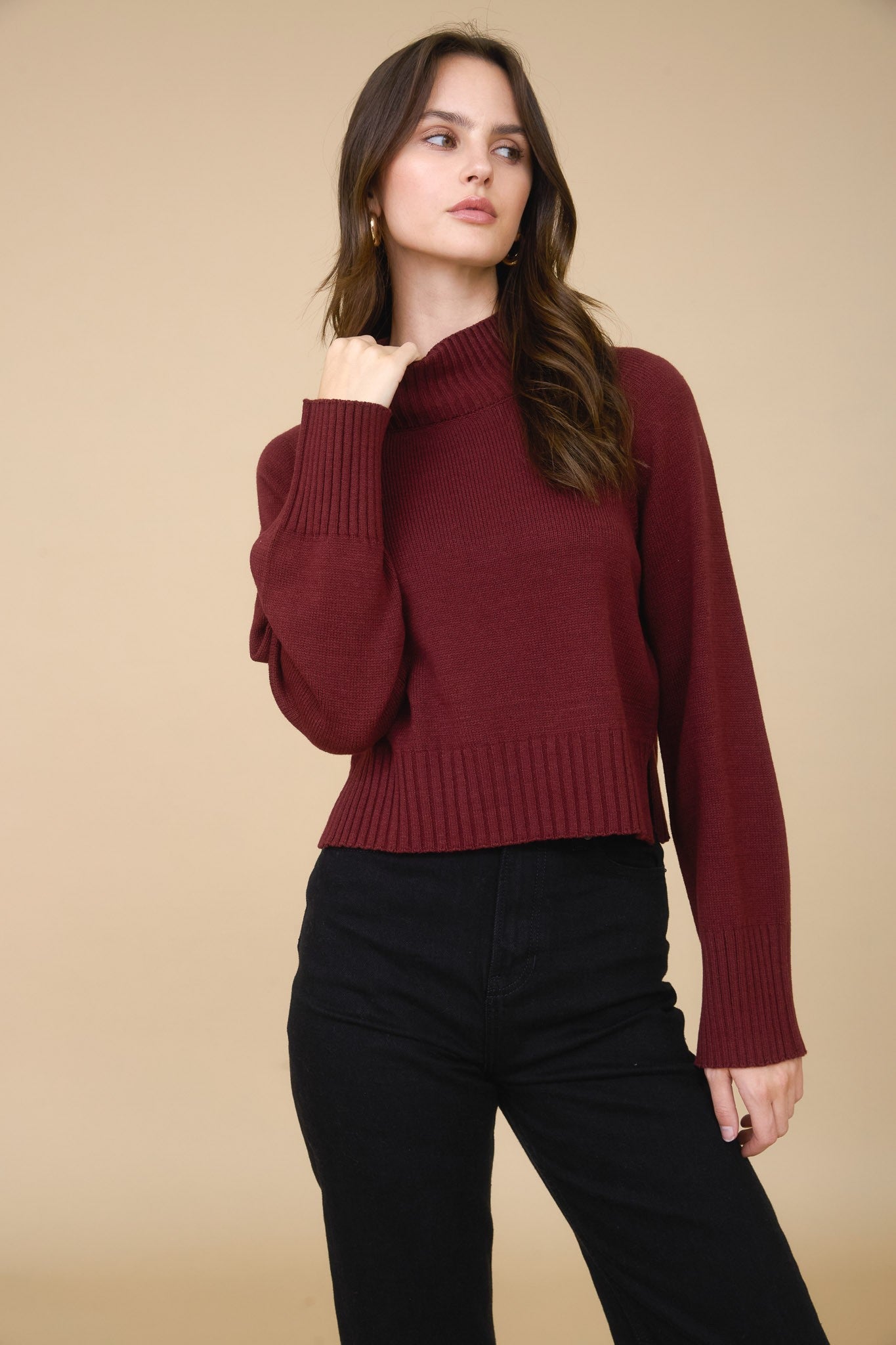  Roxy Mock Neck Rib Detail Sweater, Red Wood