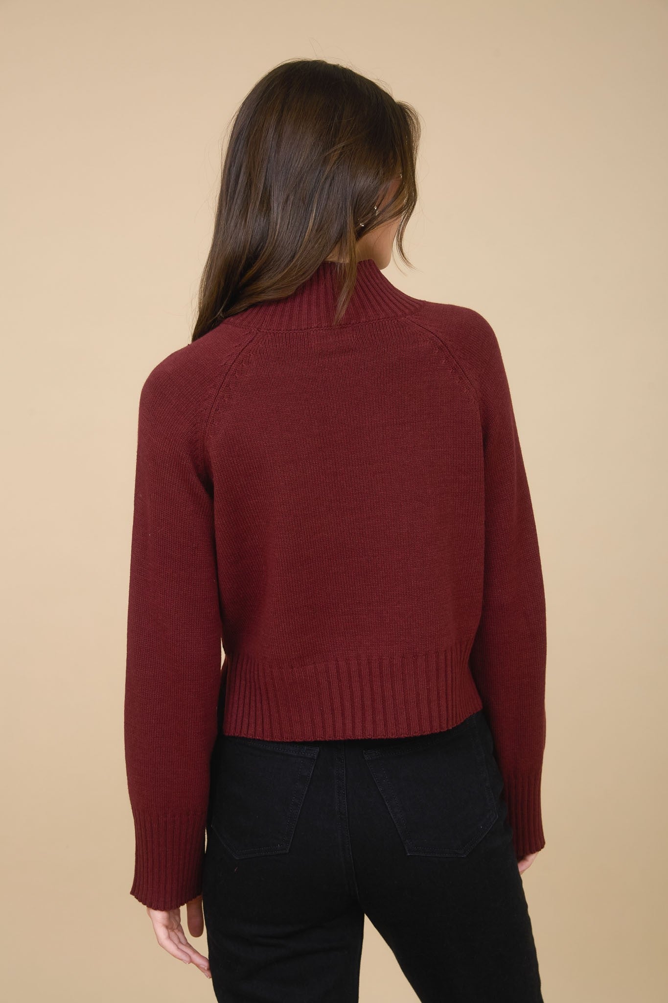 Roxy Mock Neck Rib Detail Sweater, Red Wood