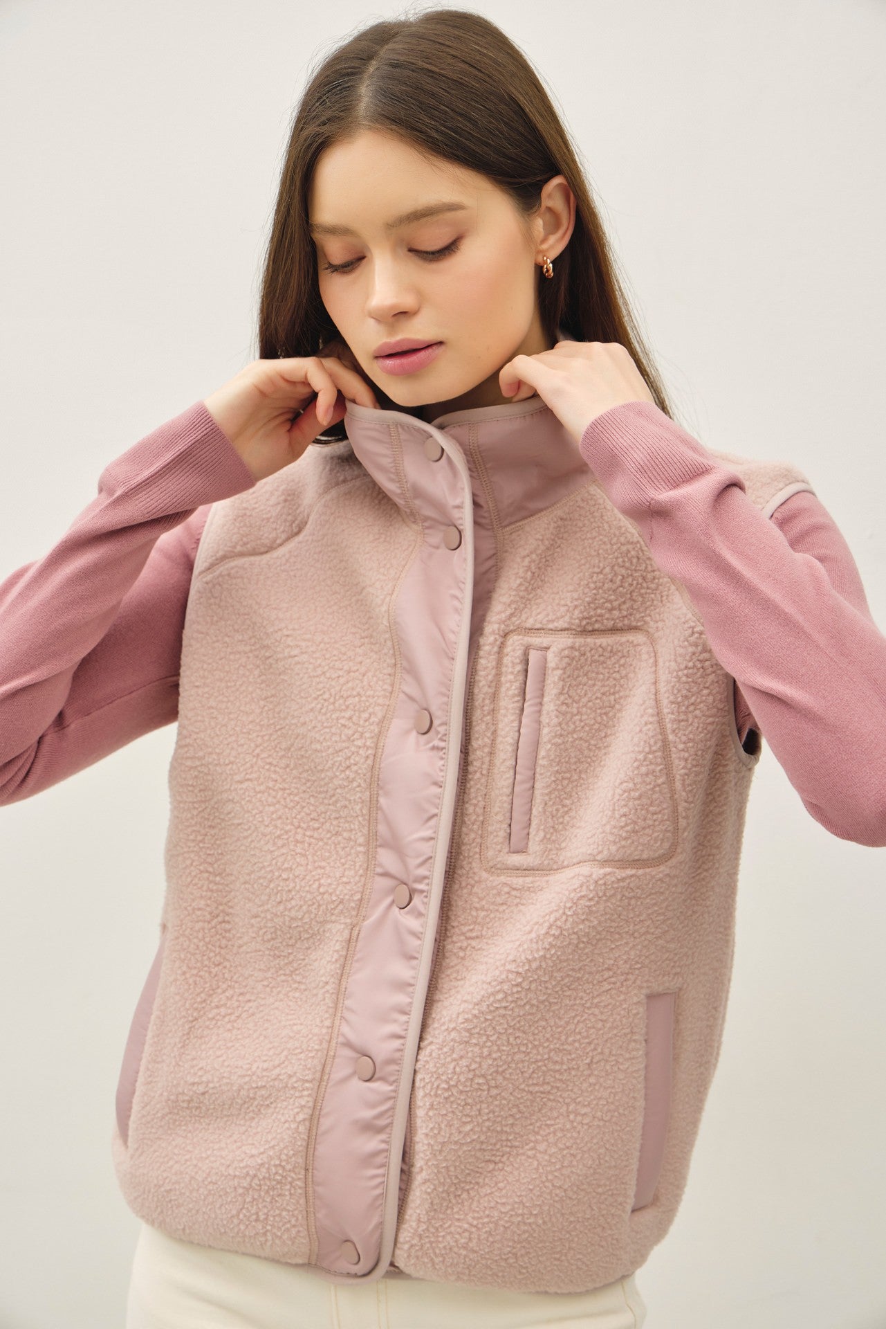 Be Cool Elena Fleece Button Up Vest, Blush
