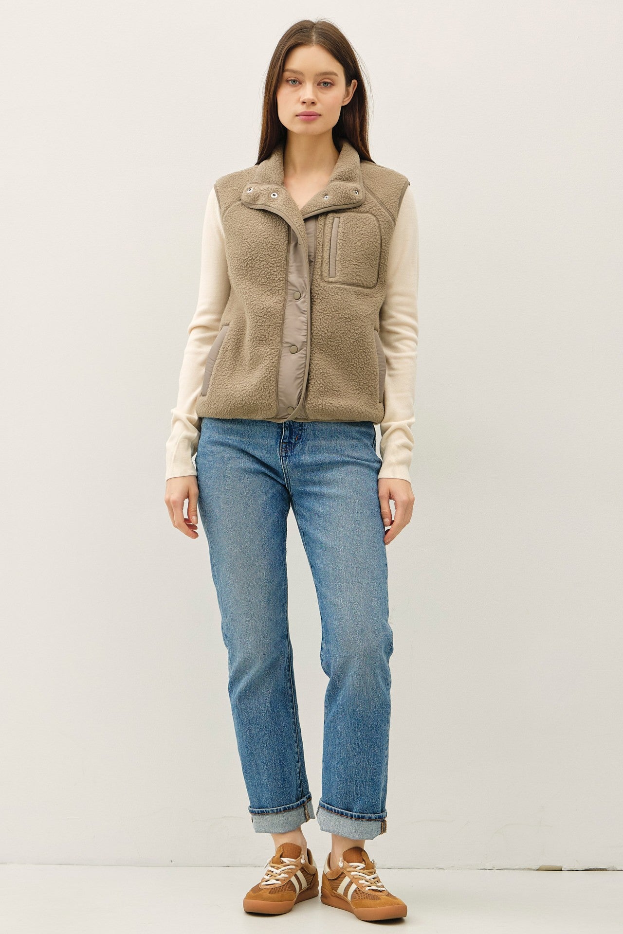 Be Cool Elena Fleece Button Up Vest, Olive