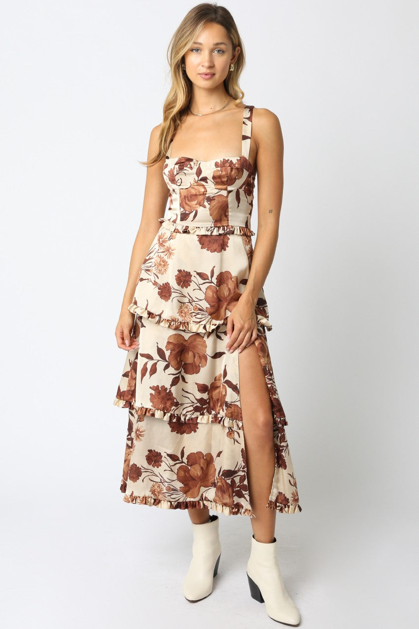  Blair Floral Tiered Satin Dress, Coffee Cream Brown