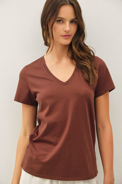 Be Cool Tatum Cotton Jersey V-Neck Tee, Choco