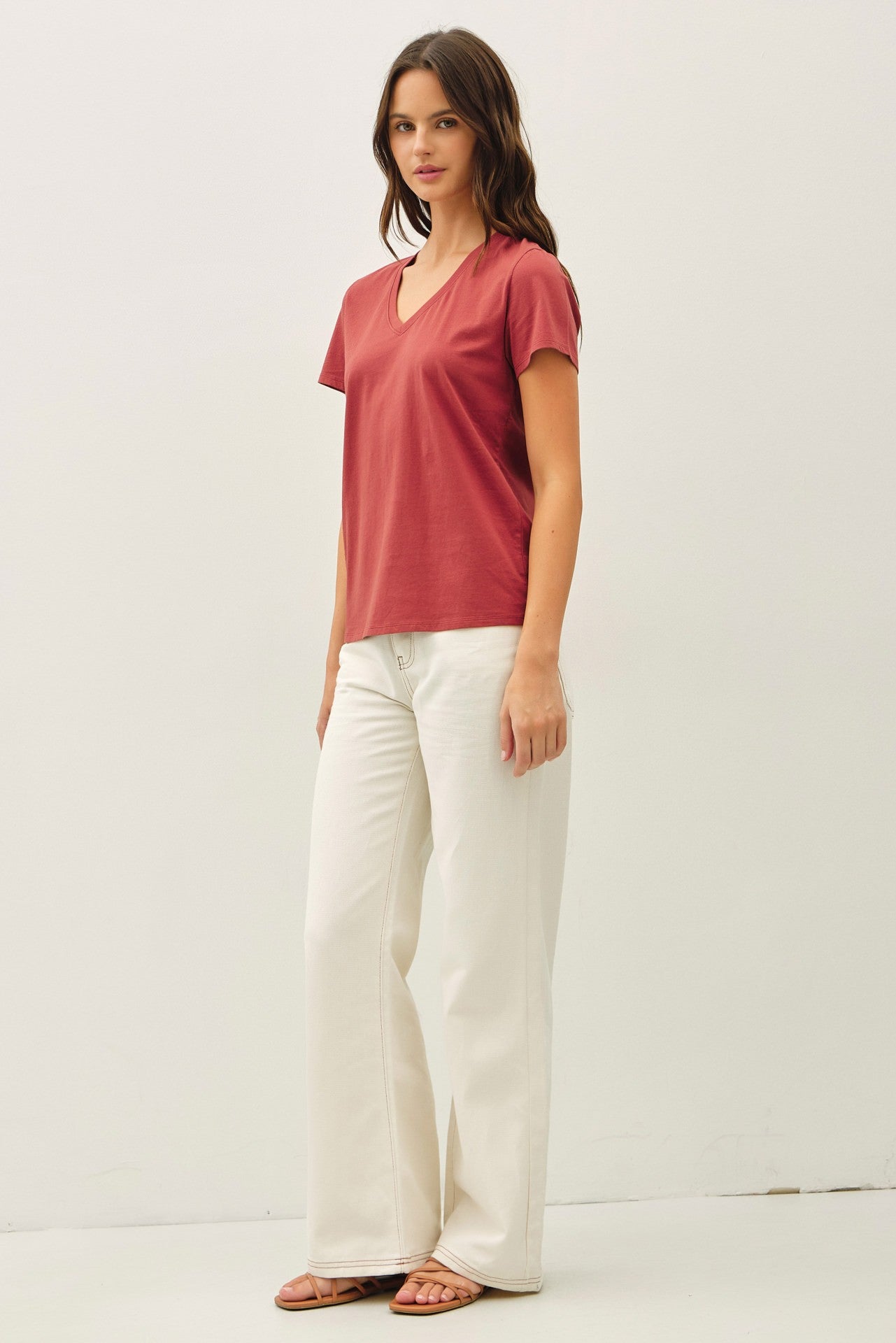 Be Cool Tatum Cotton Jersey V-Neck Tee, Chili Oil