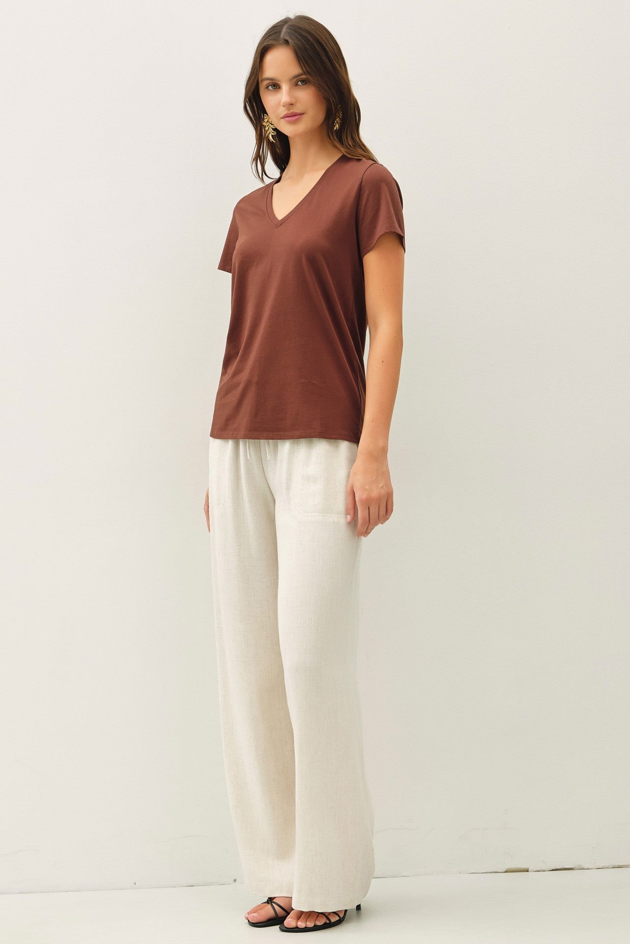 Be Cool Tatum Cotton Jersey V-Neck Tee, Choco
