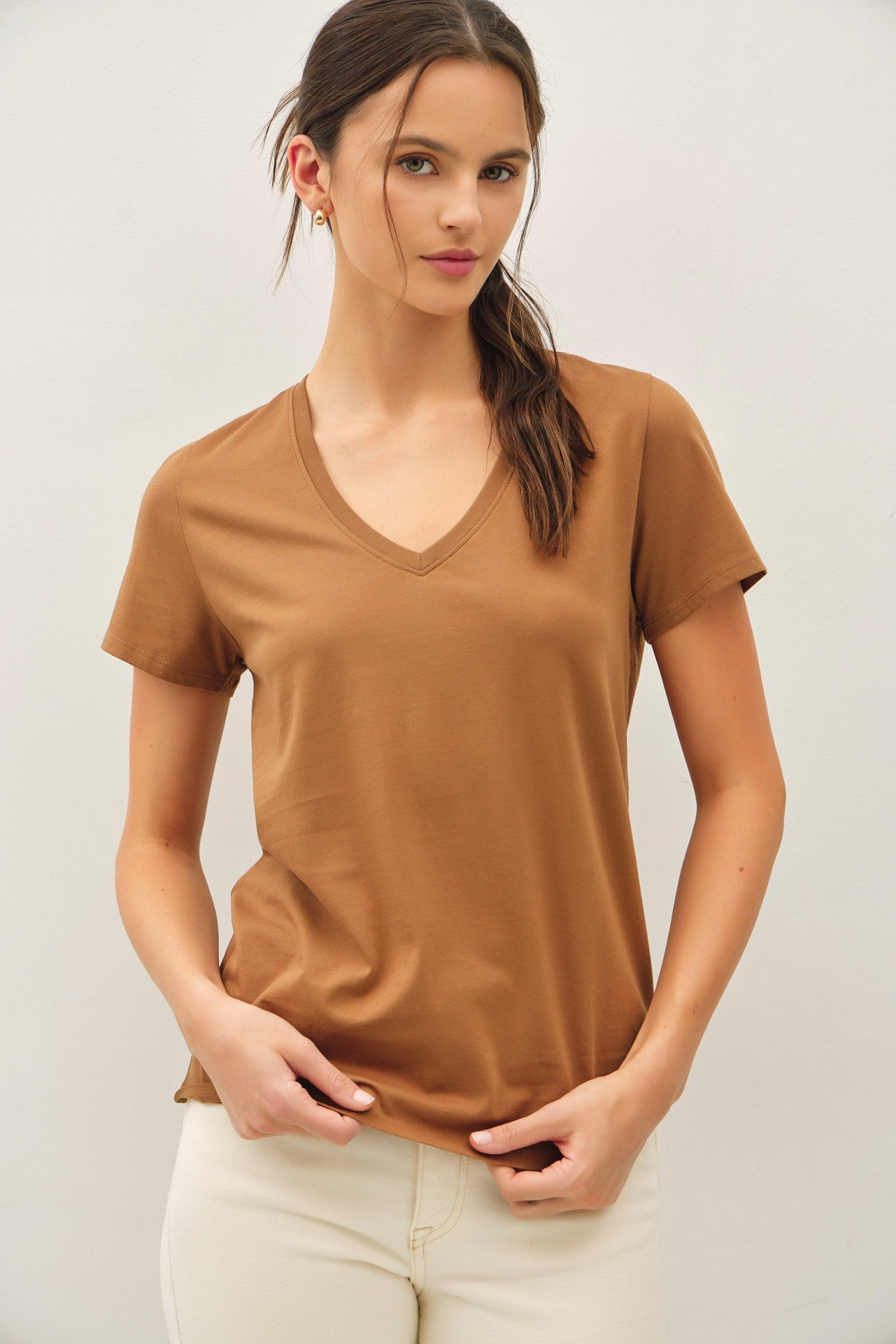 Be Cool Tatum Cotton Jersey V-Neck Tee, Bronze Brown