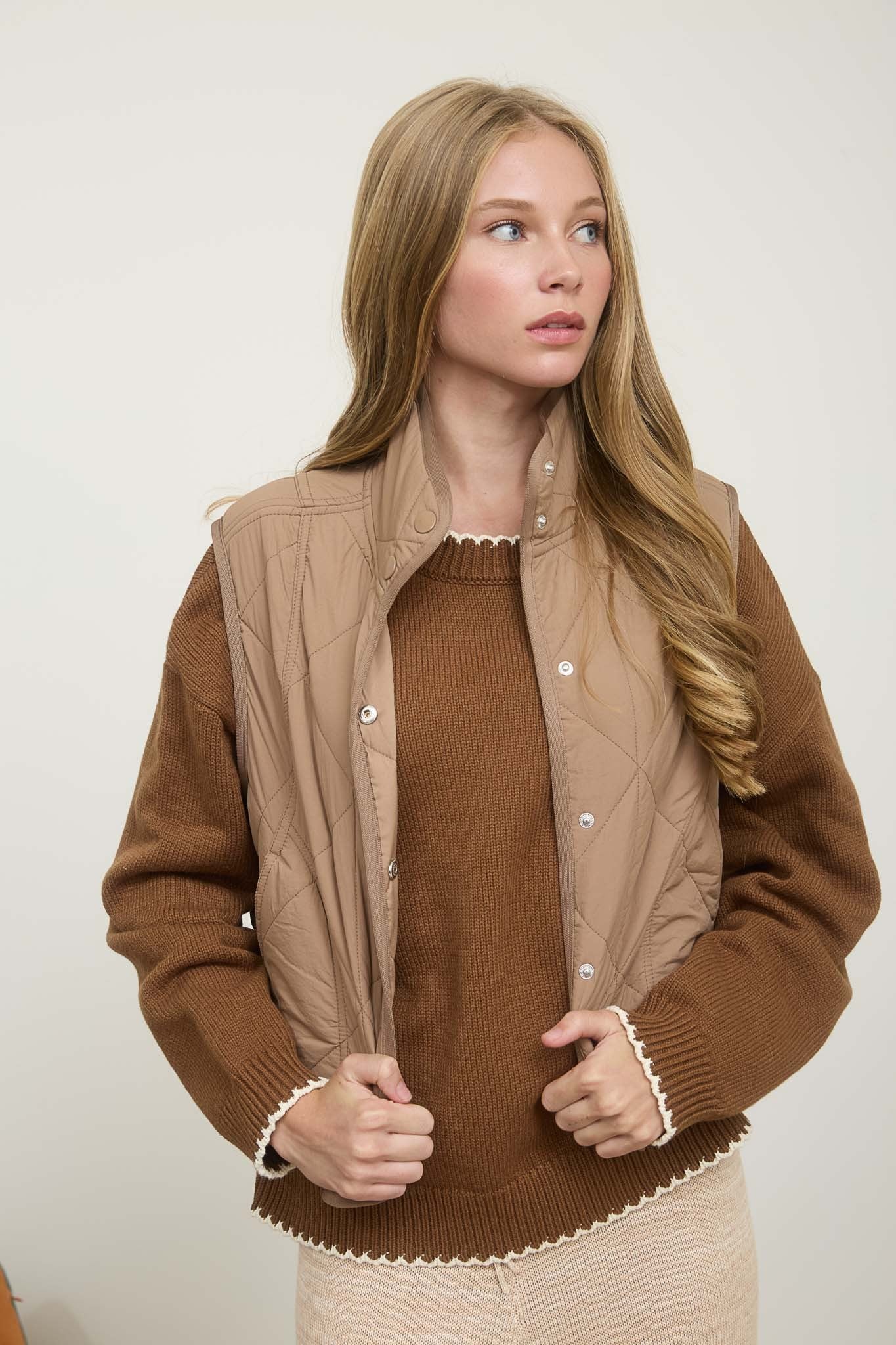  Sara Snap Button Quilted Vest, Mocha