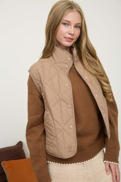  Sara Snap Button Quilted Vest, Mocha